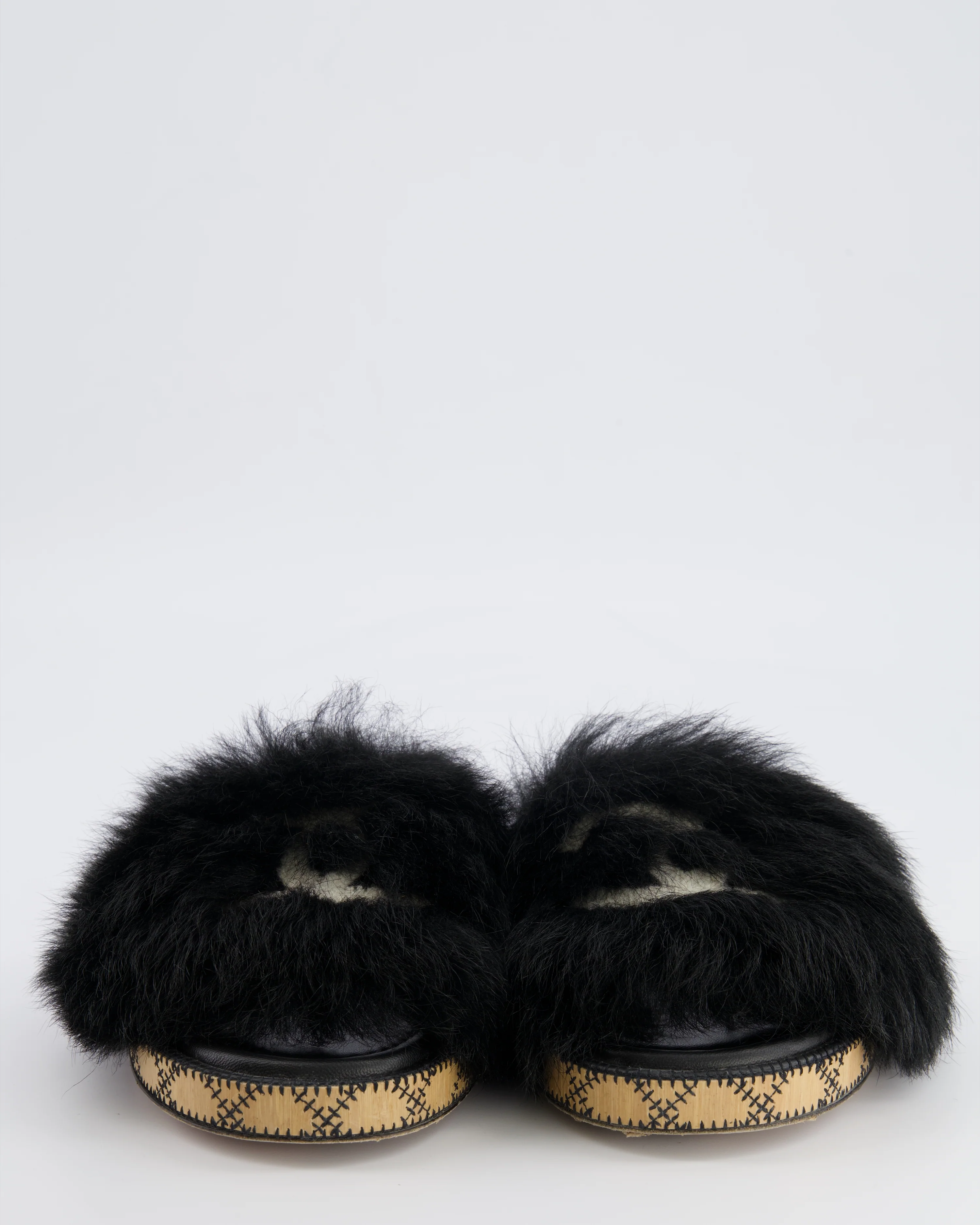 Chanel 22B Black Shearling Mules with CC Logo Details and Wooden Sole Size 39 - Image 4