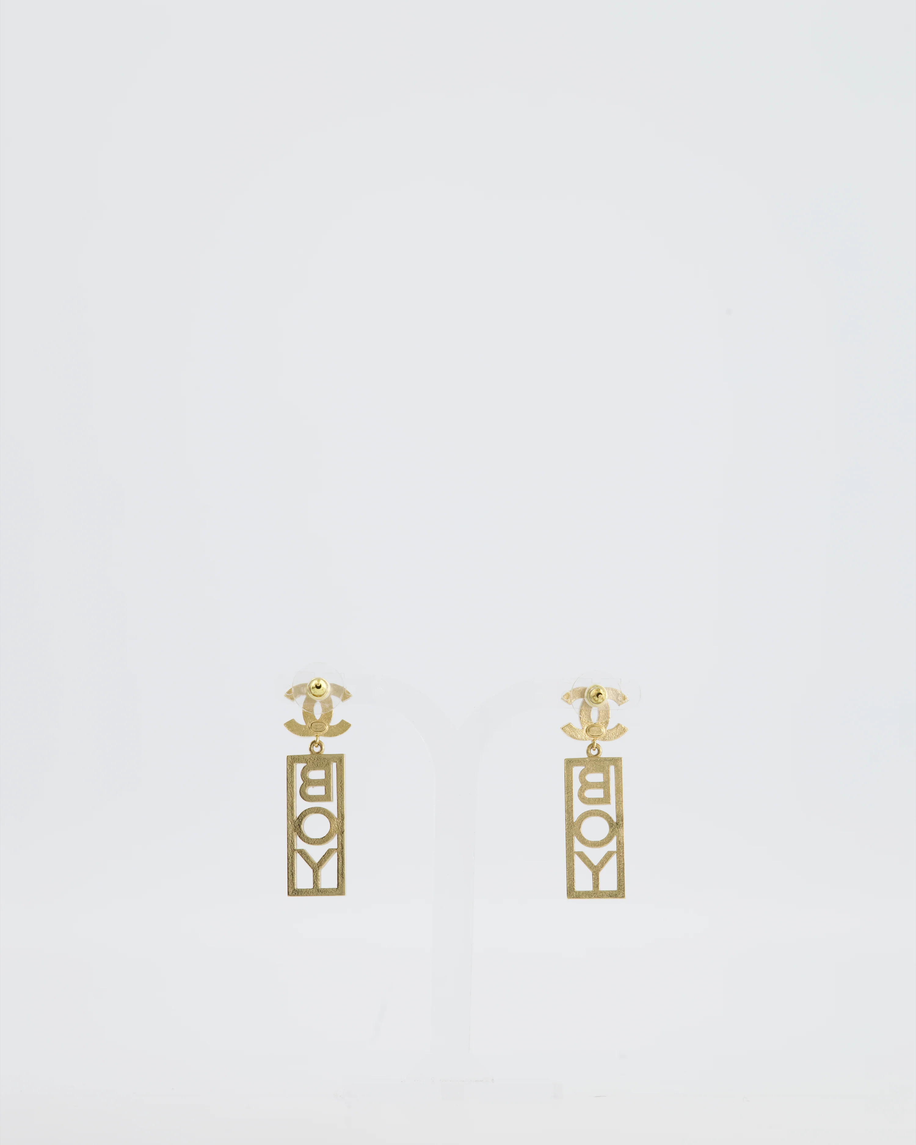 Chanel 22P Gold Crystal CC Earrings Drop BOY Pendant - Image 3