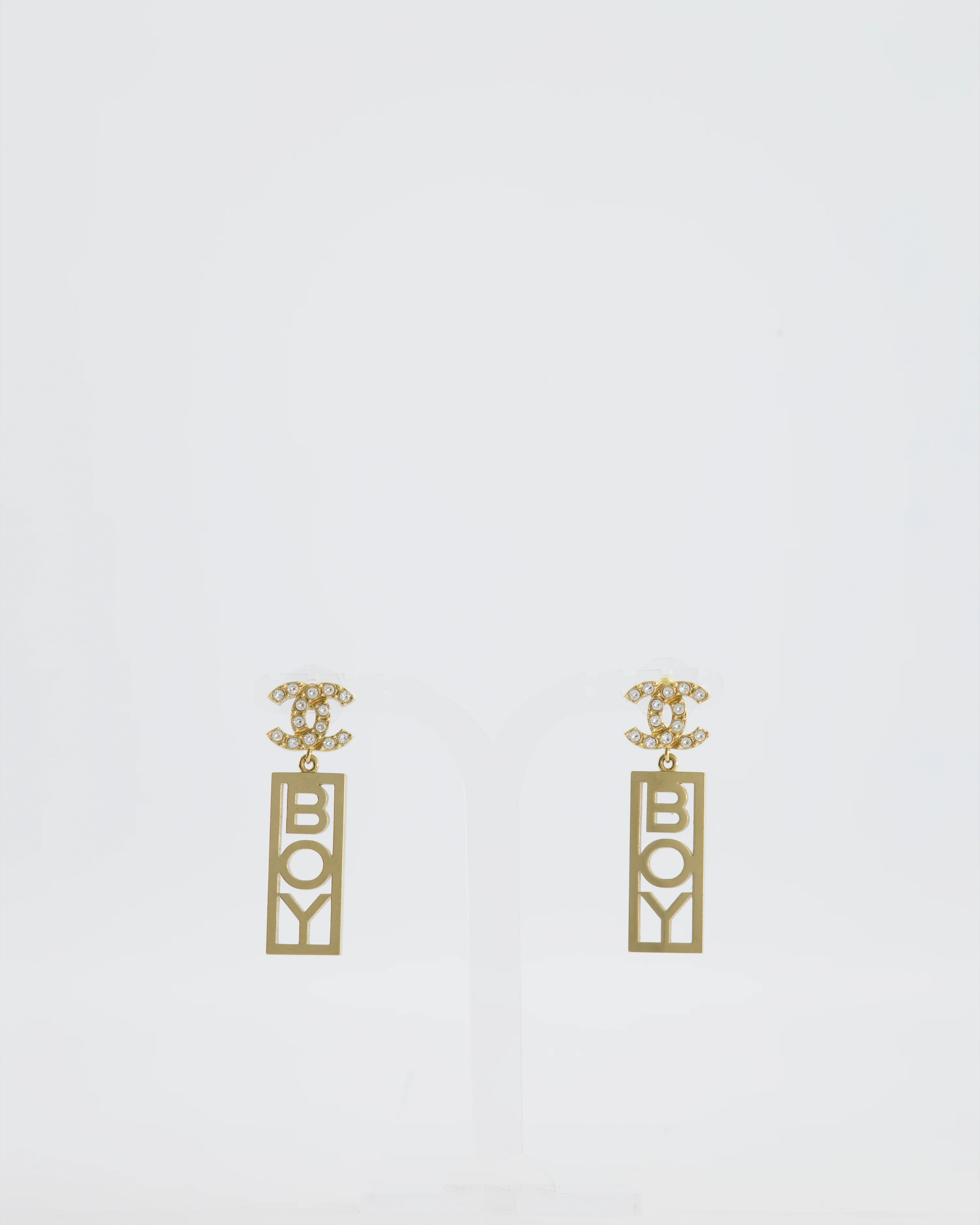 Chanel 22P Gold Crystal CC Earrings Drop BOY Pendant - Image 4