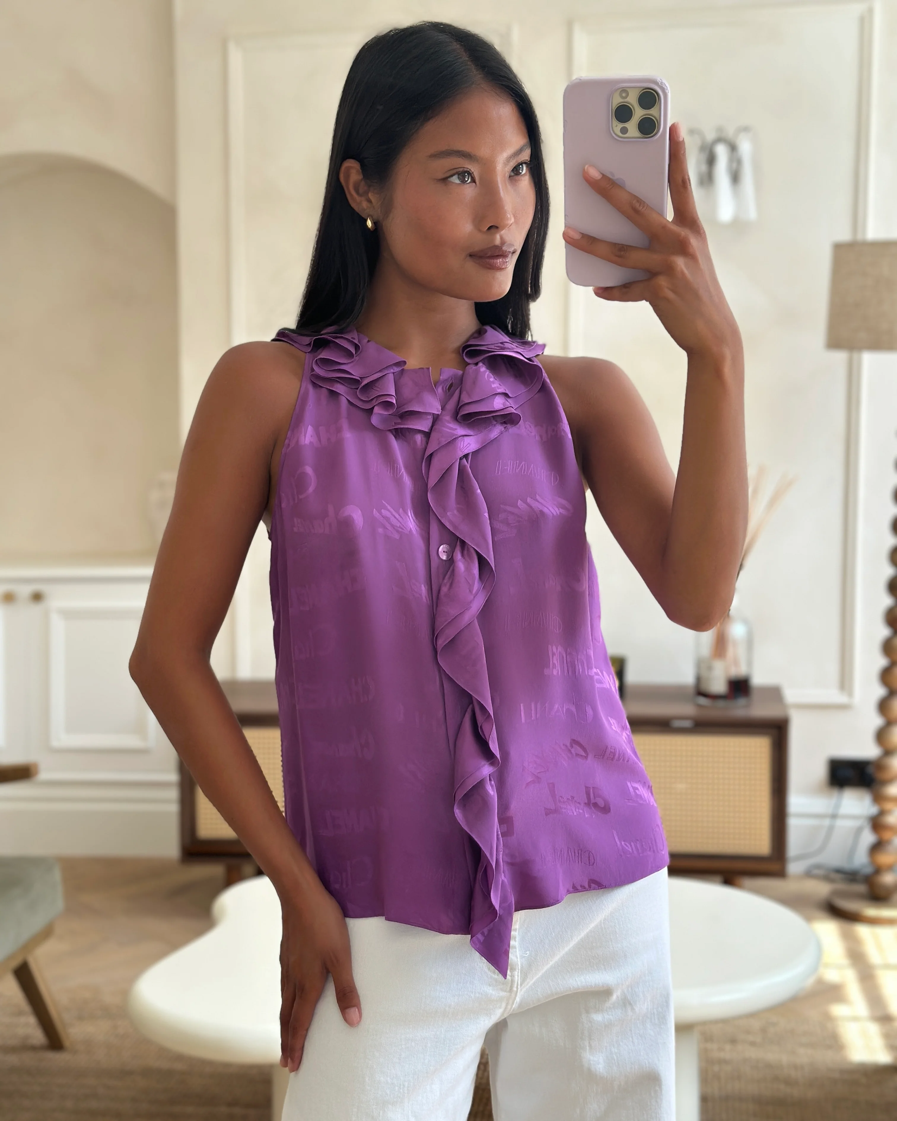 Chanel 22P Purple Silk Sleeveless Button Down Top with Ruffle Neckline and Logo Detail Size FR 38 (UK 10) - Image 5