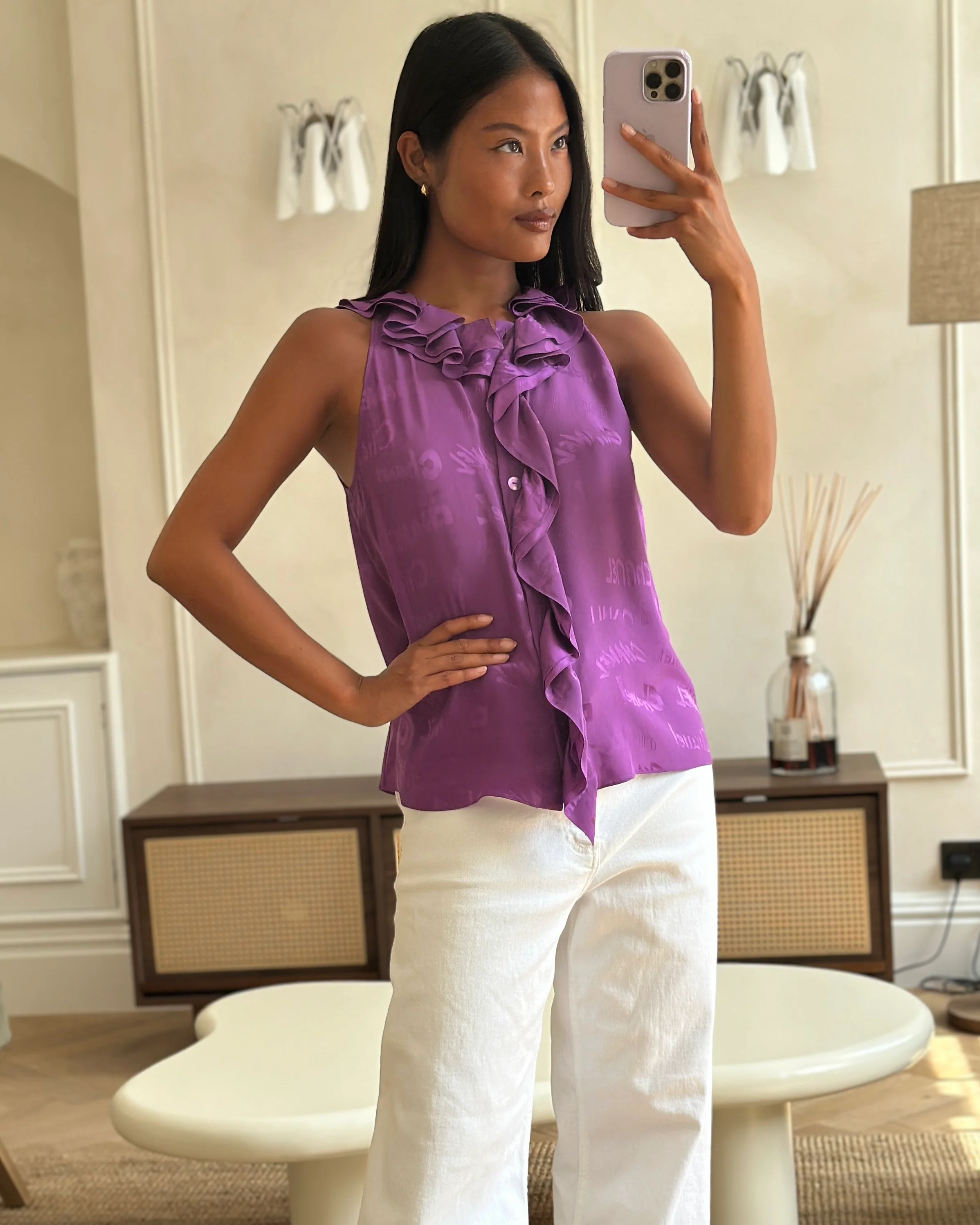 Chanel 22P Purple Silk Sleeveless Button Down Top with Ruffle Neckline and Logo Detail Size FR 38 (UK 10) - Image 6