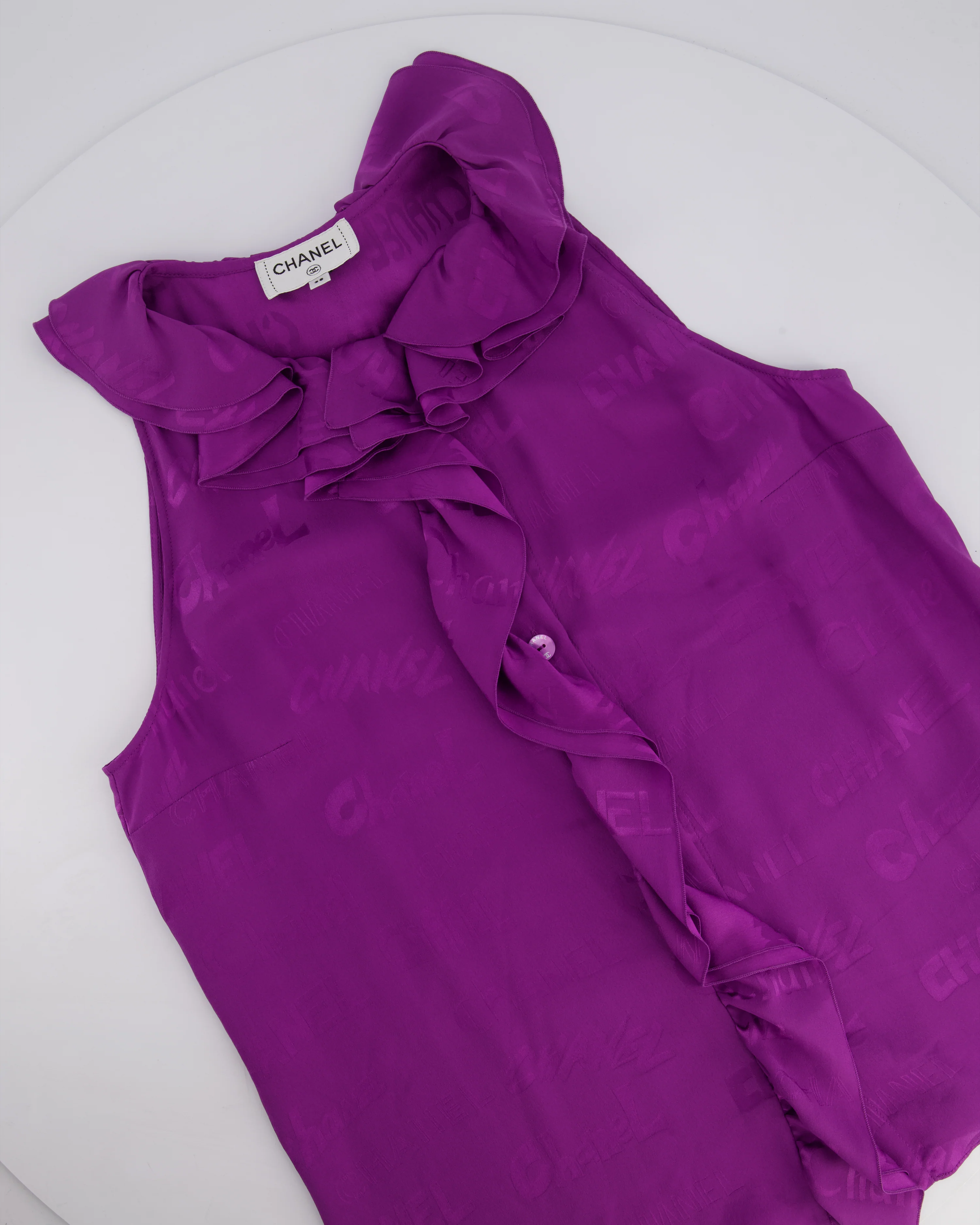 Chanel 22P Purple Silk Sleeveless Button Down Top with Ruffle Neckline and Logo Detail Size FR 38 (UK 10) - Image 8
