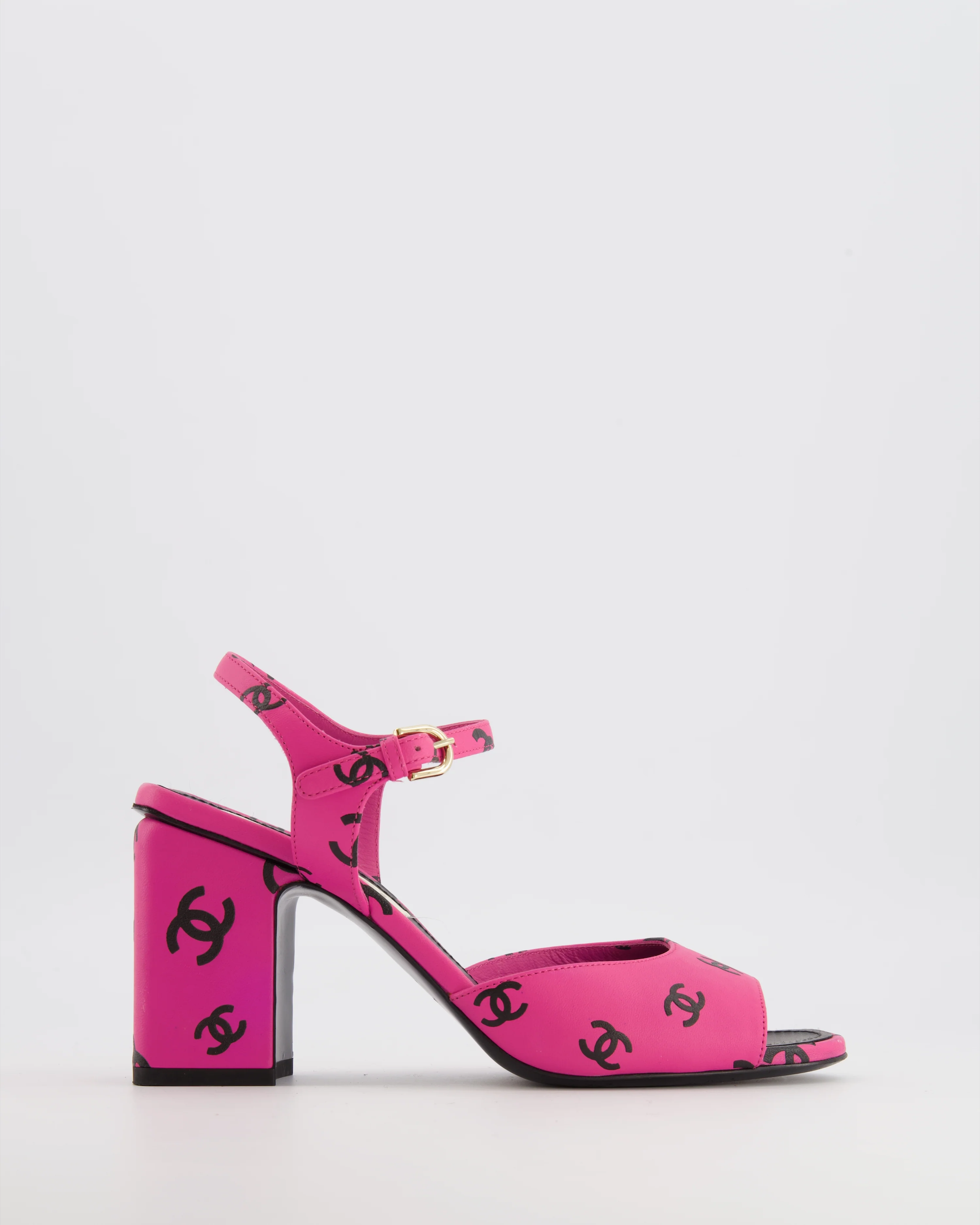 Chanel 22S Pink and Black CC Logo Ankle Strap Heeled Sandals Size EU 37.5