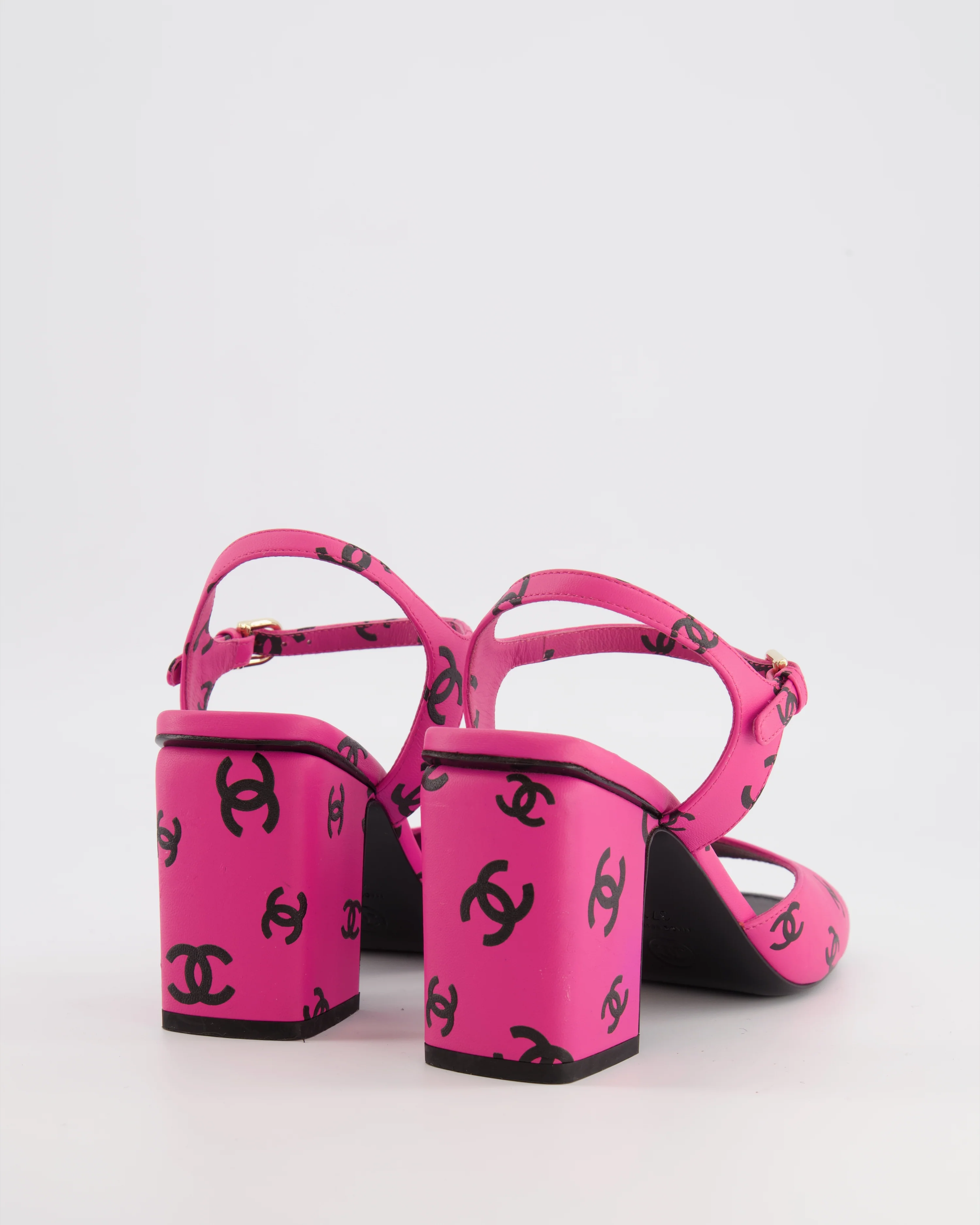 Chanel 22S Pink and Black CC Logo Ankle Strap Heeled Sandals Size EU 37.5 - Image 3
