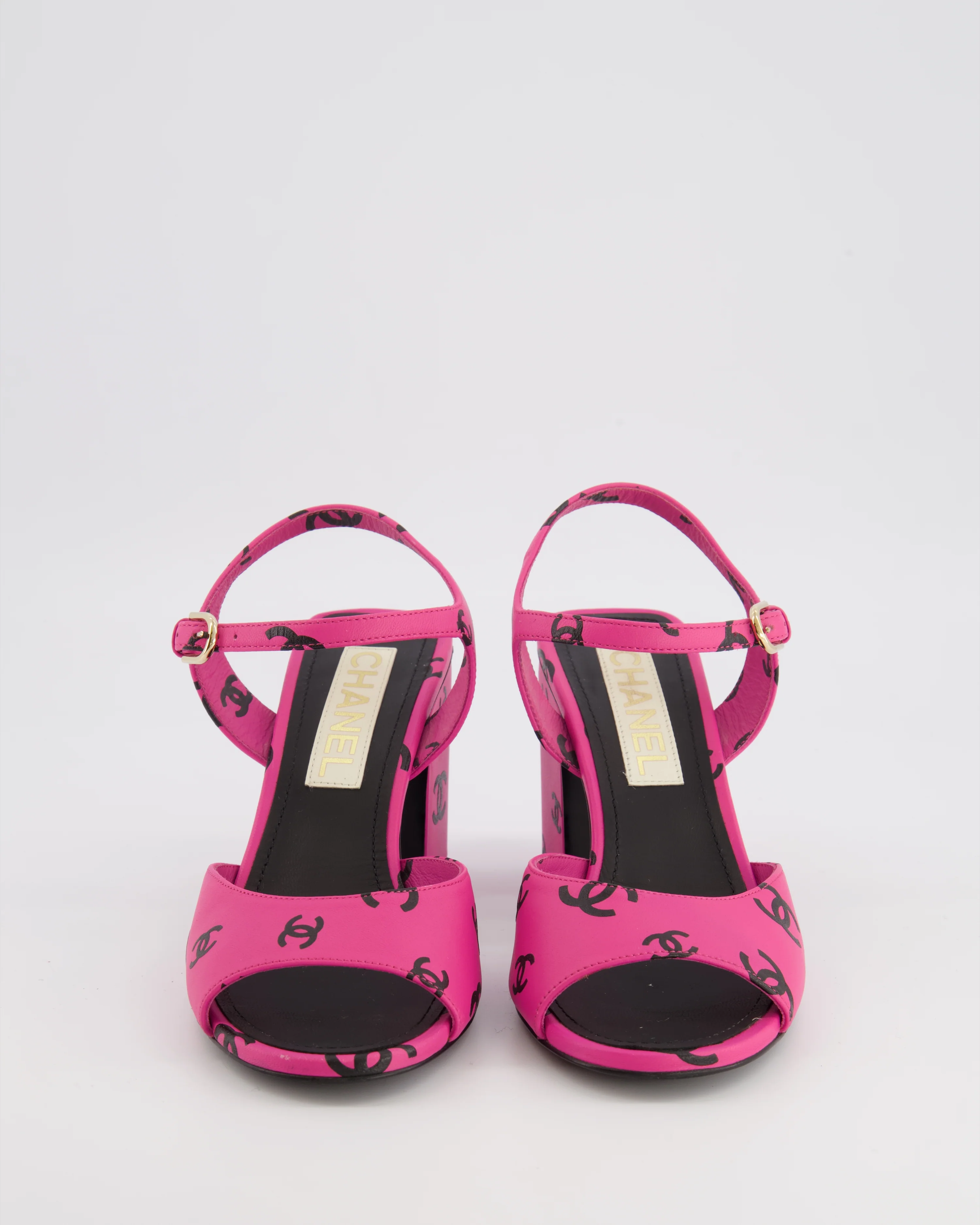Chanel 22S Pink and Black CC Logo Ankle Strap Heeled Sandals Size EU 37.5 - Image 4