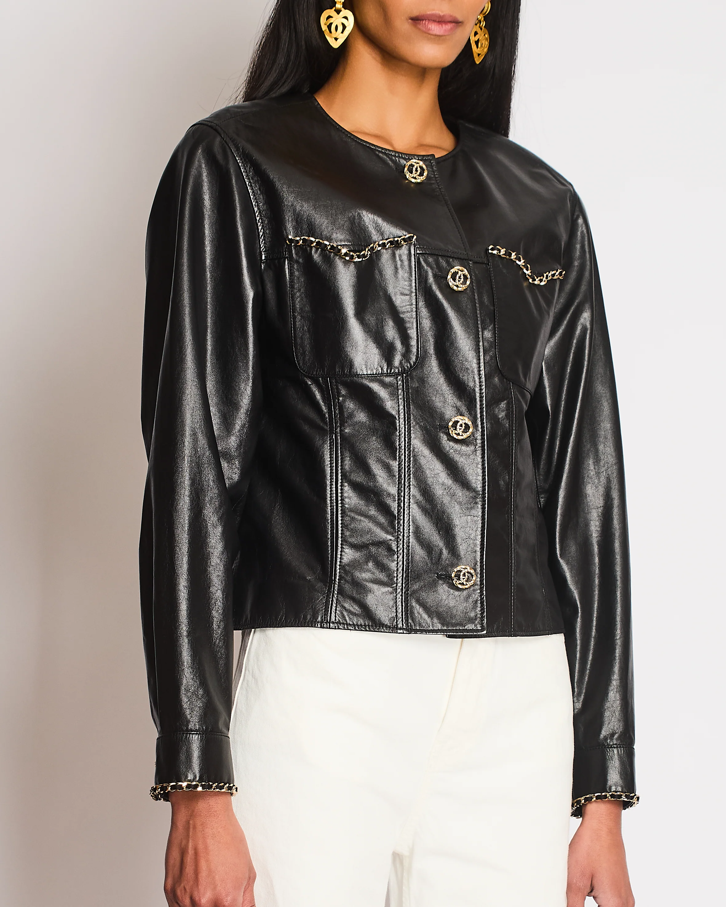 Chanel 23/B Black Collarless Leather Jacket with Chain and CC Detail Size FR 36 (UK 8) - Image 2