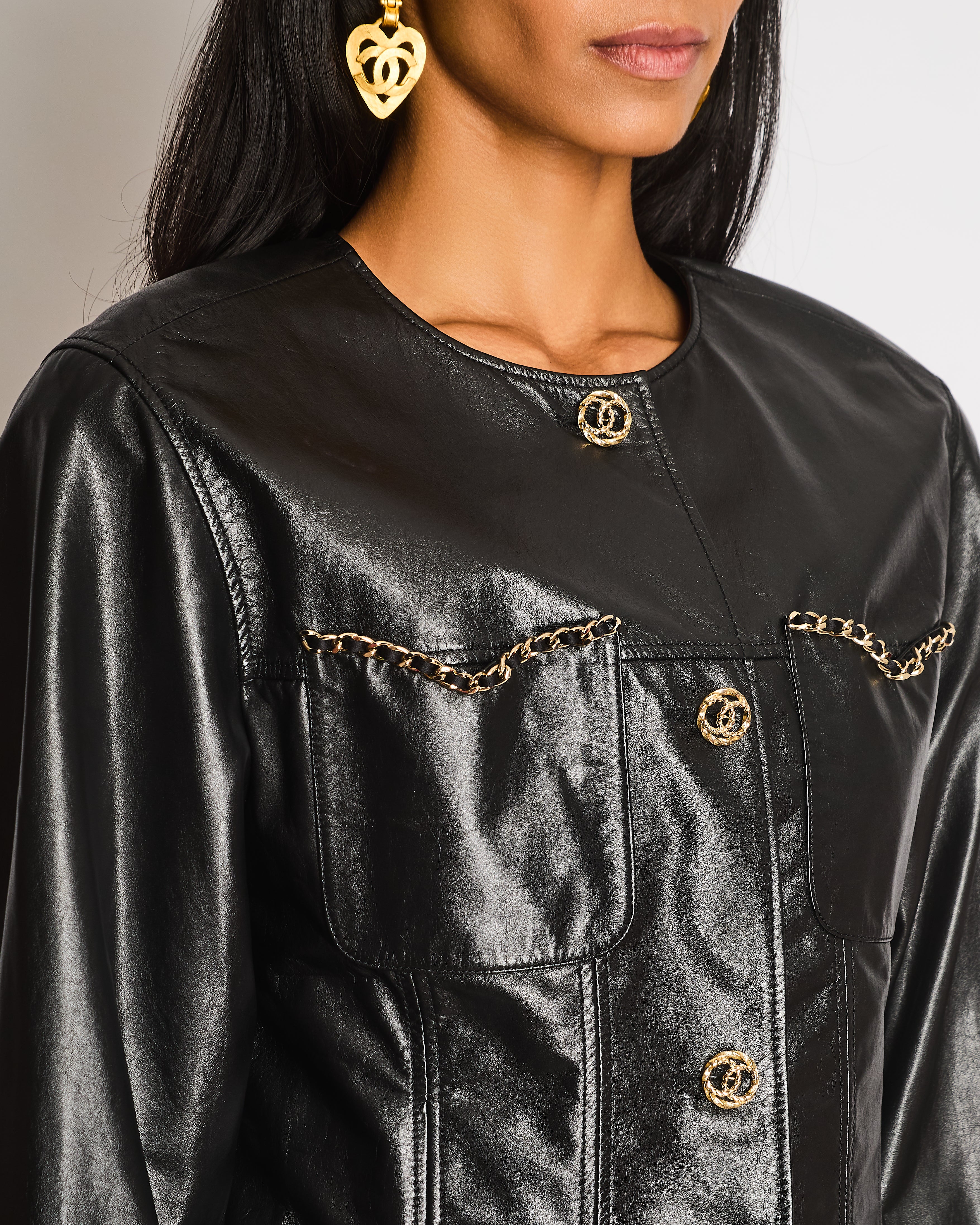 Chanel 23/B Black Collarless Leather Jacket with Chain and CC Detail Size FR 36 (UK 8) - Image 3