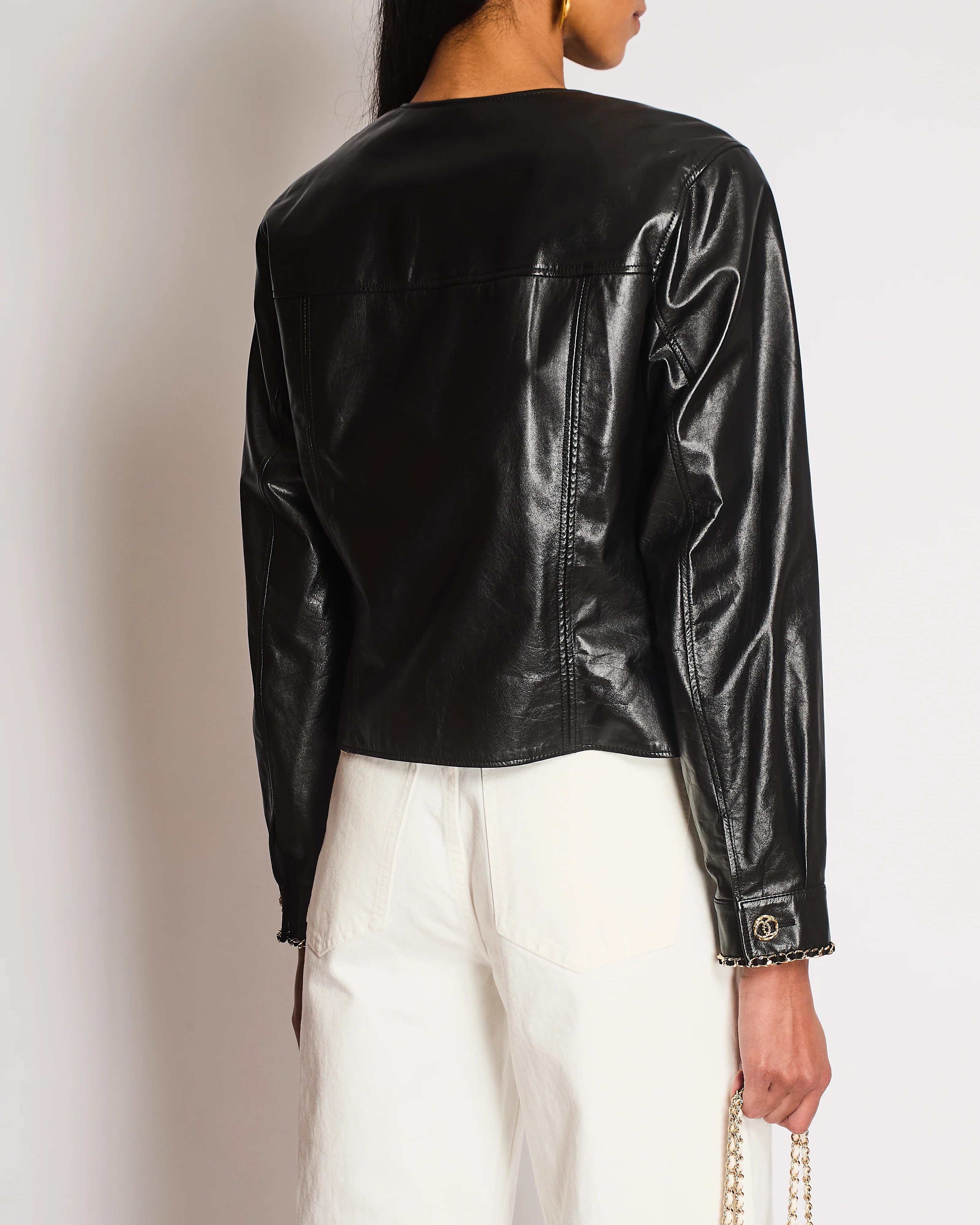 Chanel 23/B Black Collarless Leather Jacket with Chain and CC Detail Size FR 36 (UK 8) - Image 4