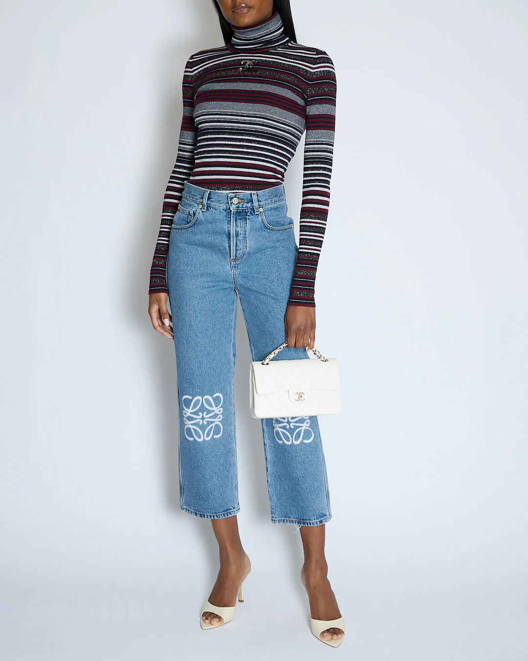 Chanel 23/B Burgundy Striped Knitted CC Long Sleeve High Neck Jumper Size FR 38 (UK 10) - Image 2