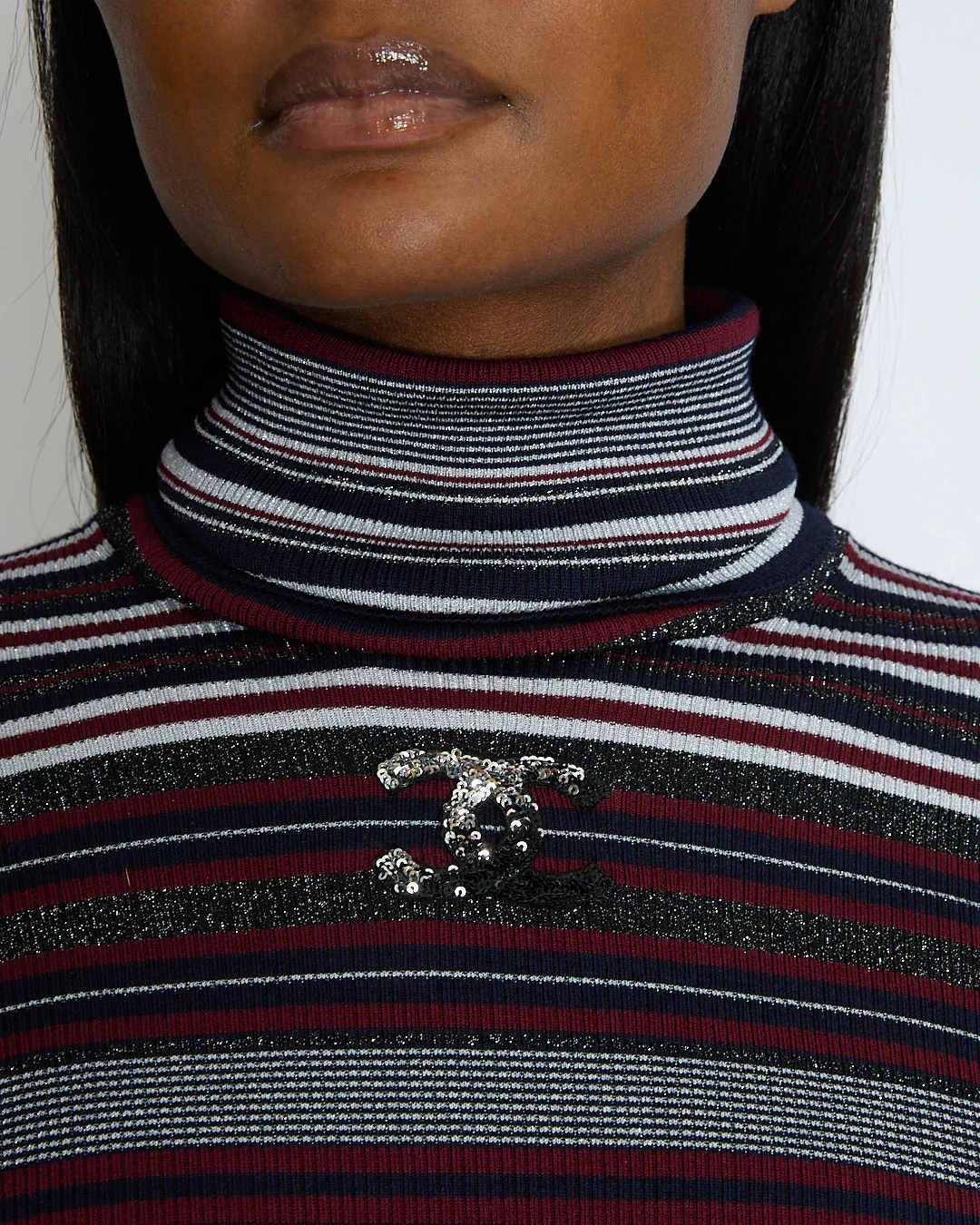 Chanel 23/B Burgundy Striped Knitted CC Long Sleeve High Neck Jumper Size FR 38 (UK 10) - Image 5