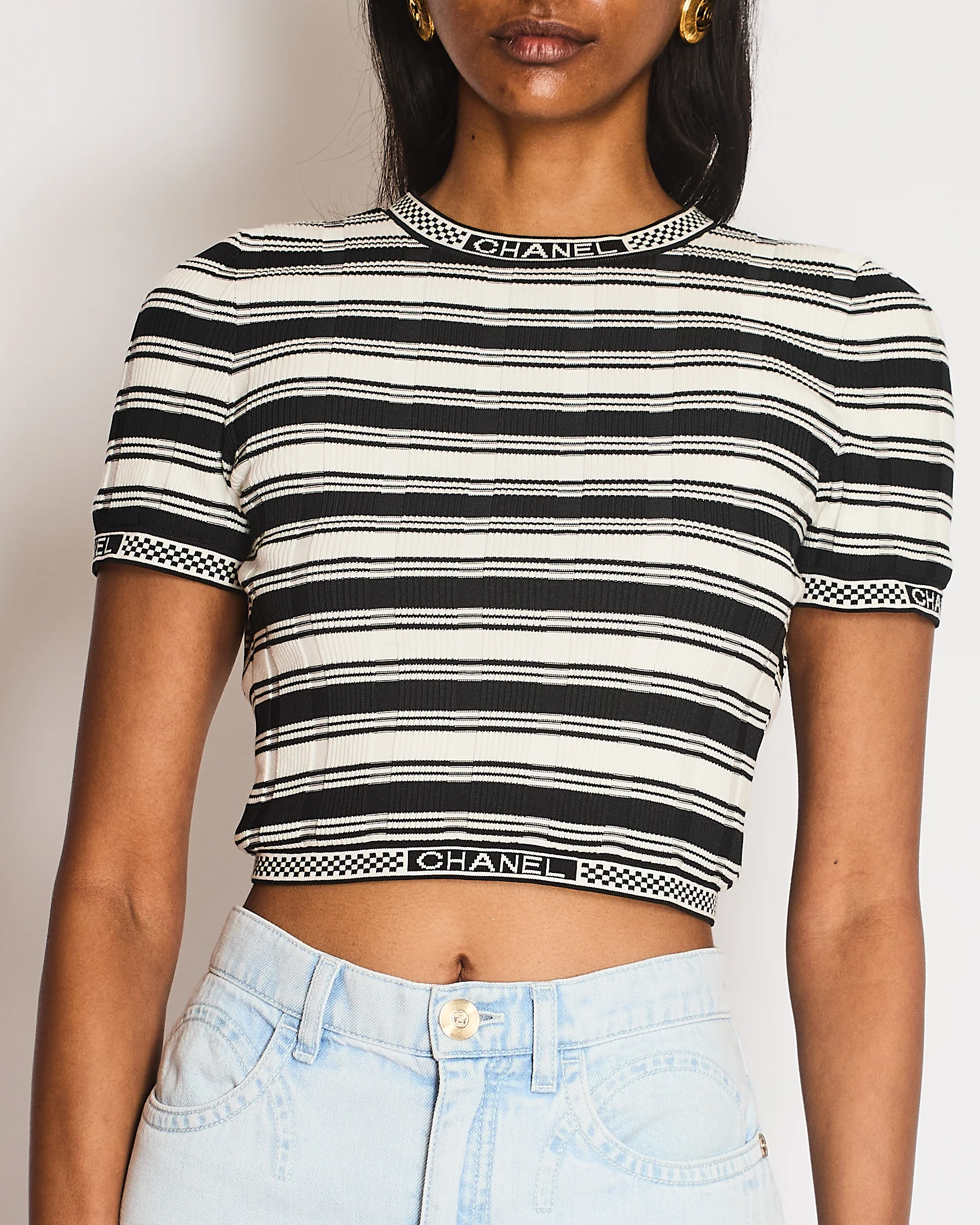 Chanel 23/C Black Backless Striped Logo T-Shirt with Studs Button Details Size FR 34 (UK 6)