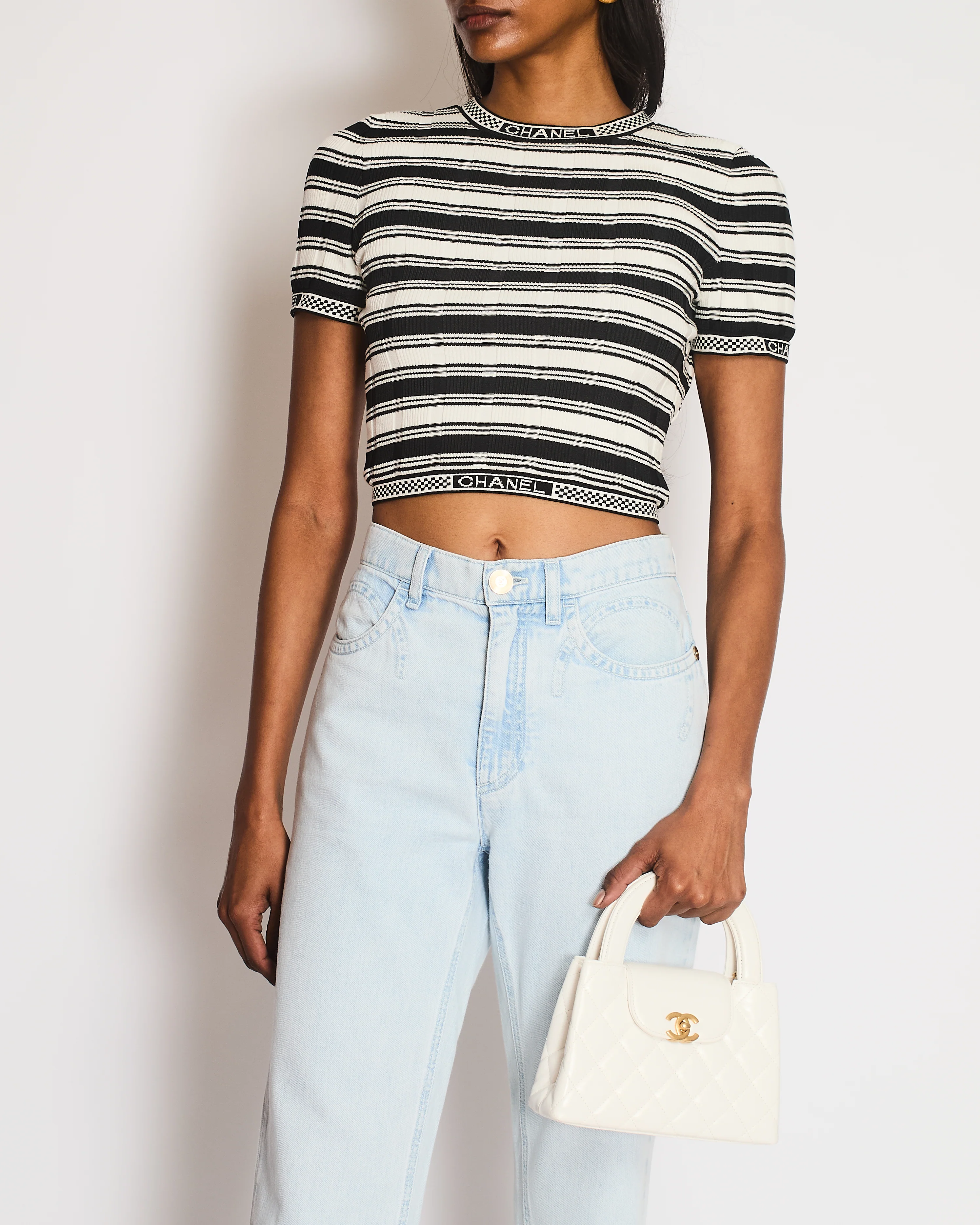 Chanel 23/C Black Backless Striped Logo T-Shirt with Studs Button Details Size FR 34 (UK 6) - Image 2