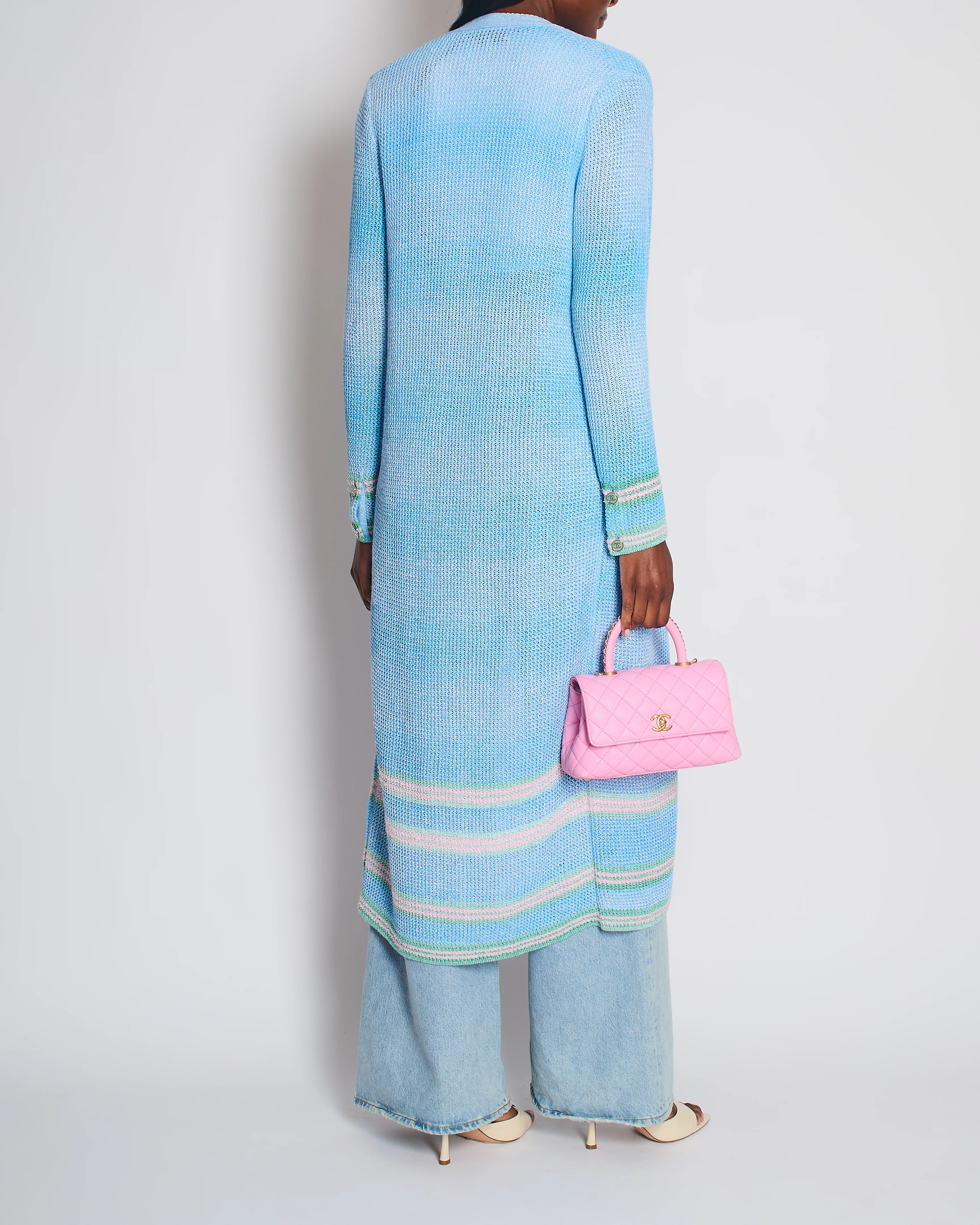 Chanel 23S Blue Knitted Long-Line Striped Cardigan with CC Button Detail Size Fr 34 (UK 6) - Image 2