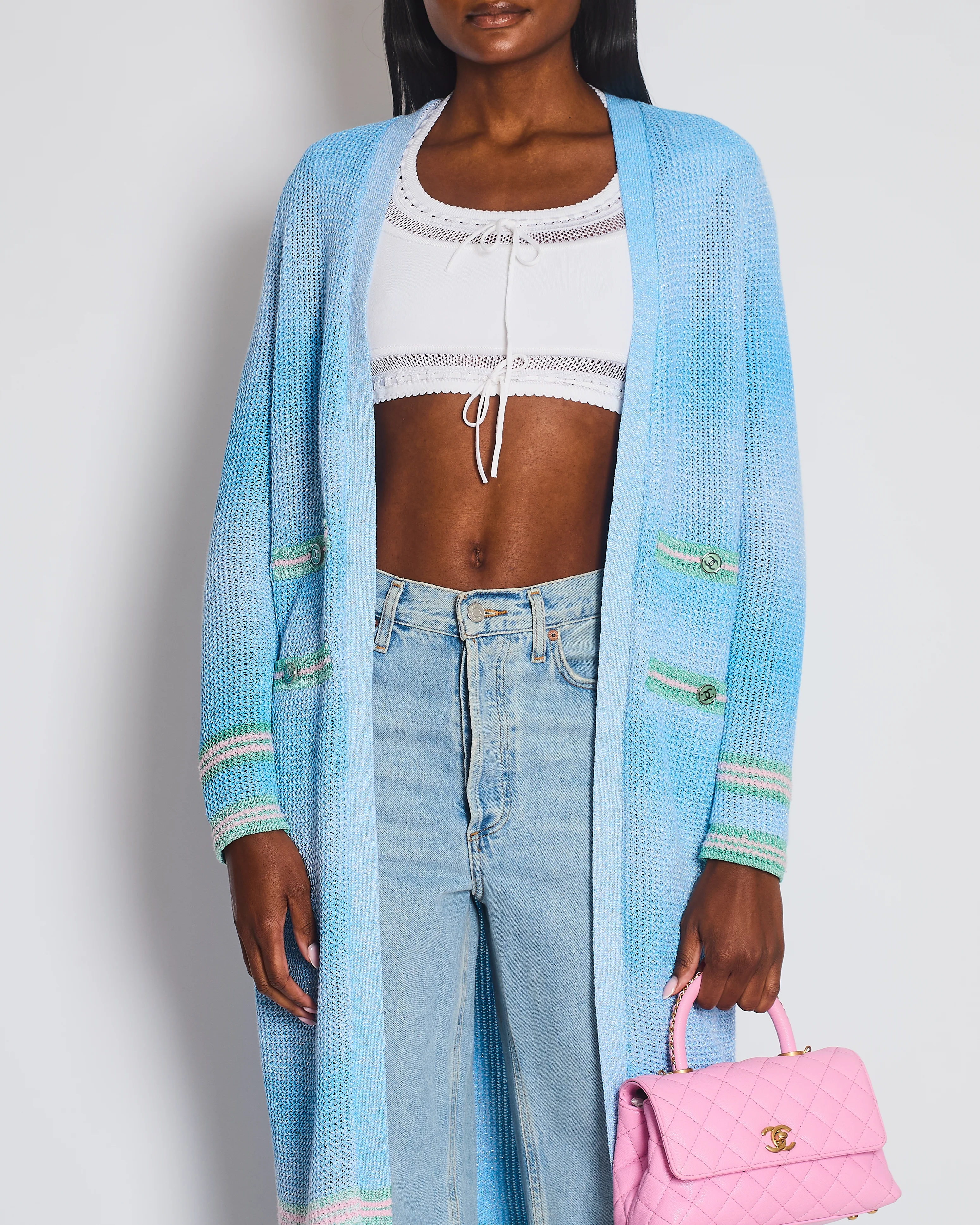 Chanel 23S Blue Knitted Long-Line Striped Cardigan with CC Button Detail Size Fr 34 (UK 6) - Image 3