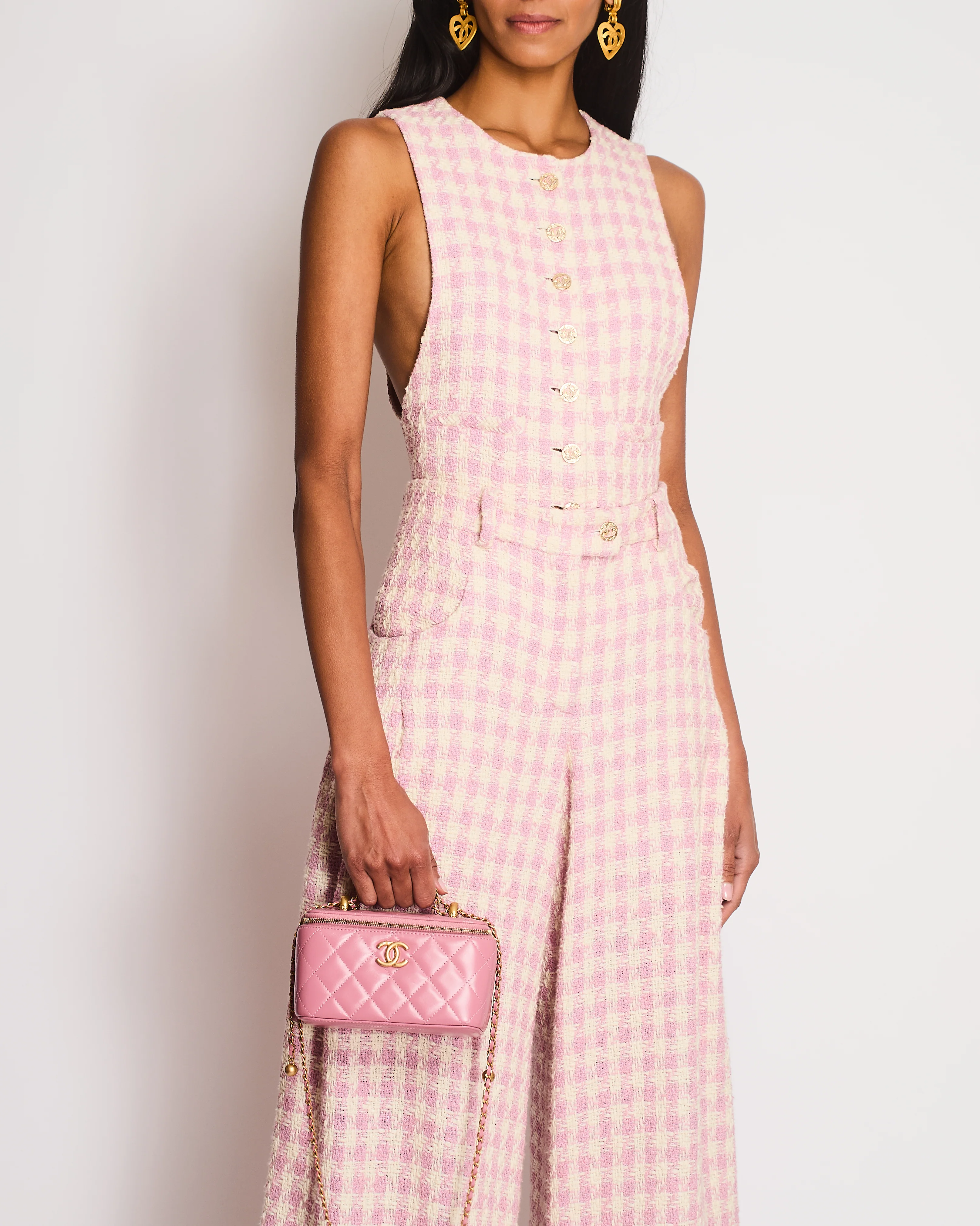 Chanel 23/S Pink and Cream Sleeveless Houndstooth Jumpsuit with CC Logo Detail Size FR 34 (UK 6) - Image 2