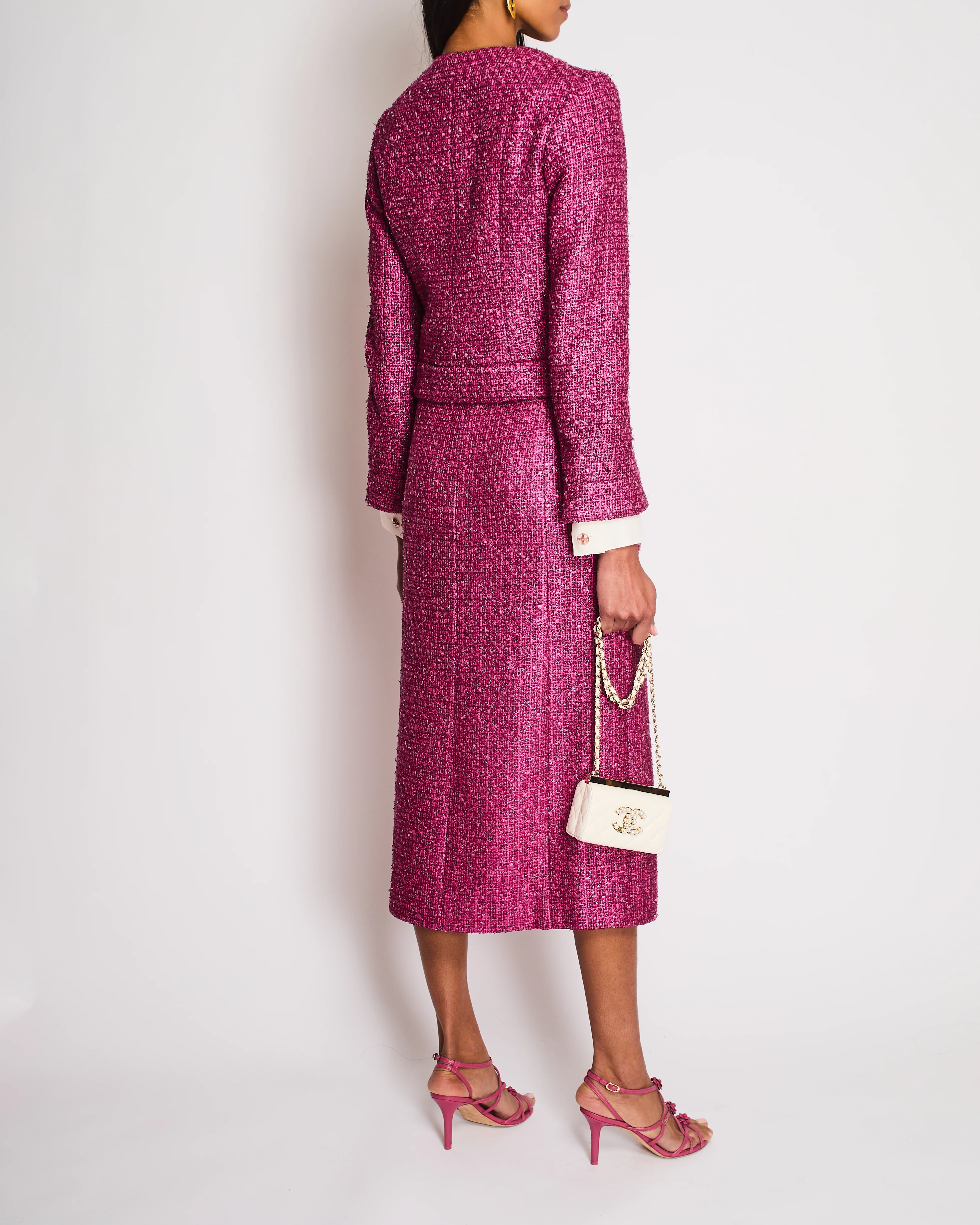 Chanel 23/S Pink Tweed Collarless Jacket and Matching Skirt with Split Detail Size FR 36 (UK 8) - Image 3