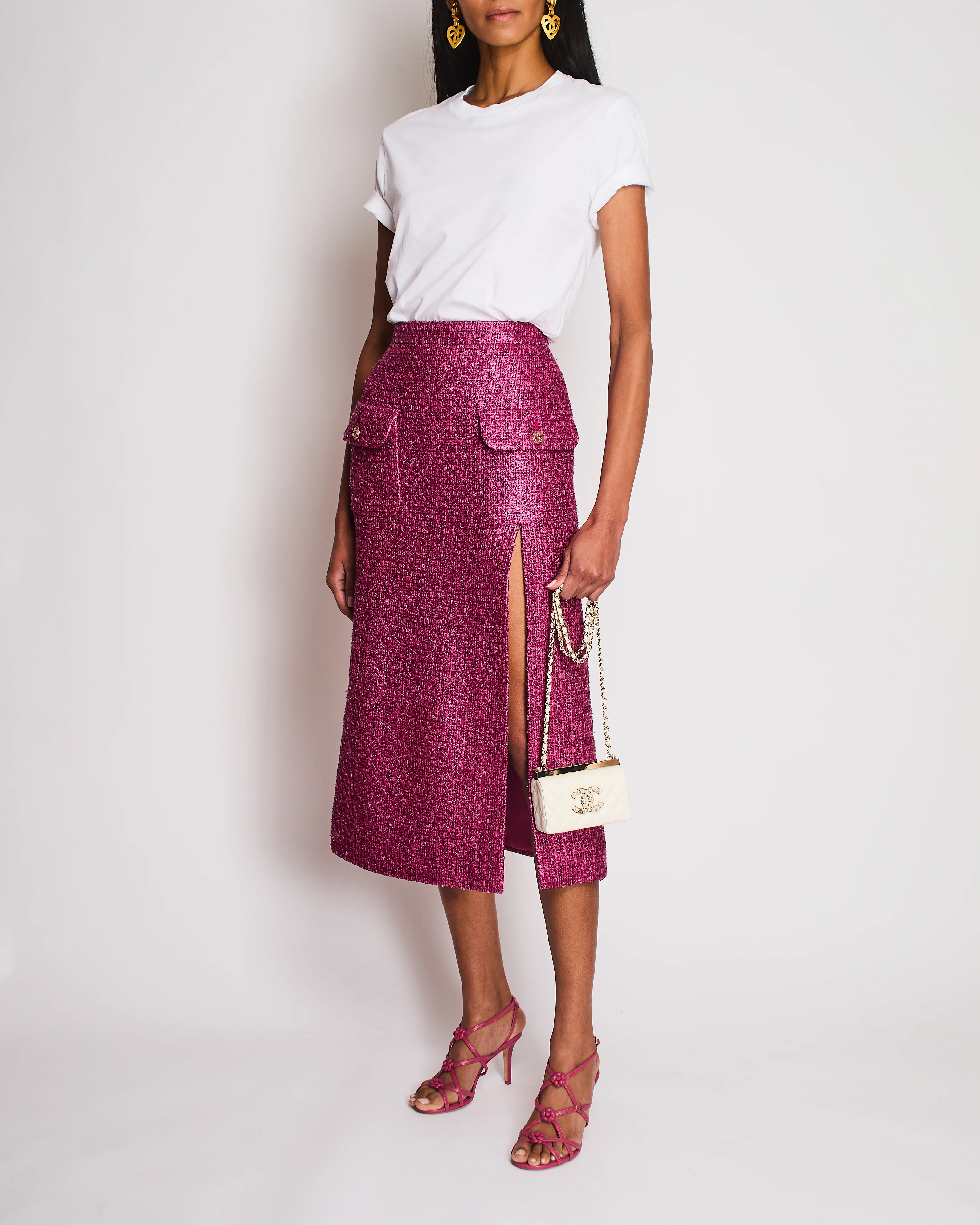 Chanel 23/S Pink Tweed Collarless Jacket and Matching Skirt with Split Detail Size FR 36 (UK 8) - Image 4