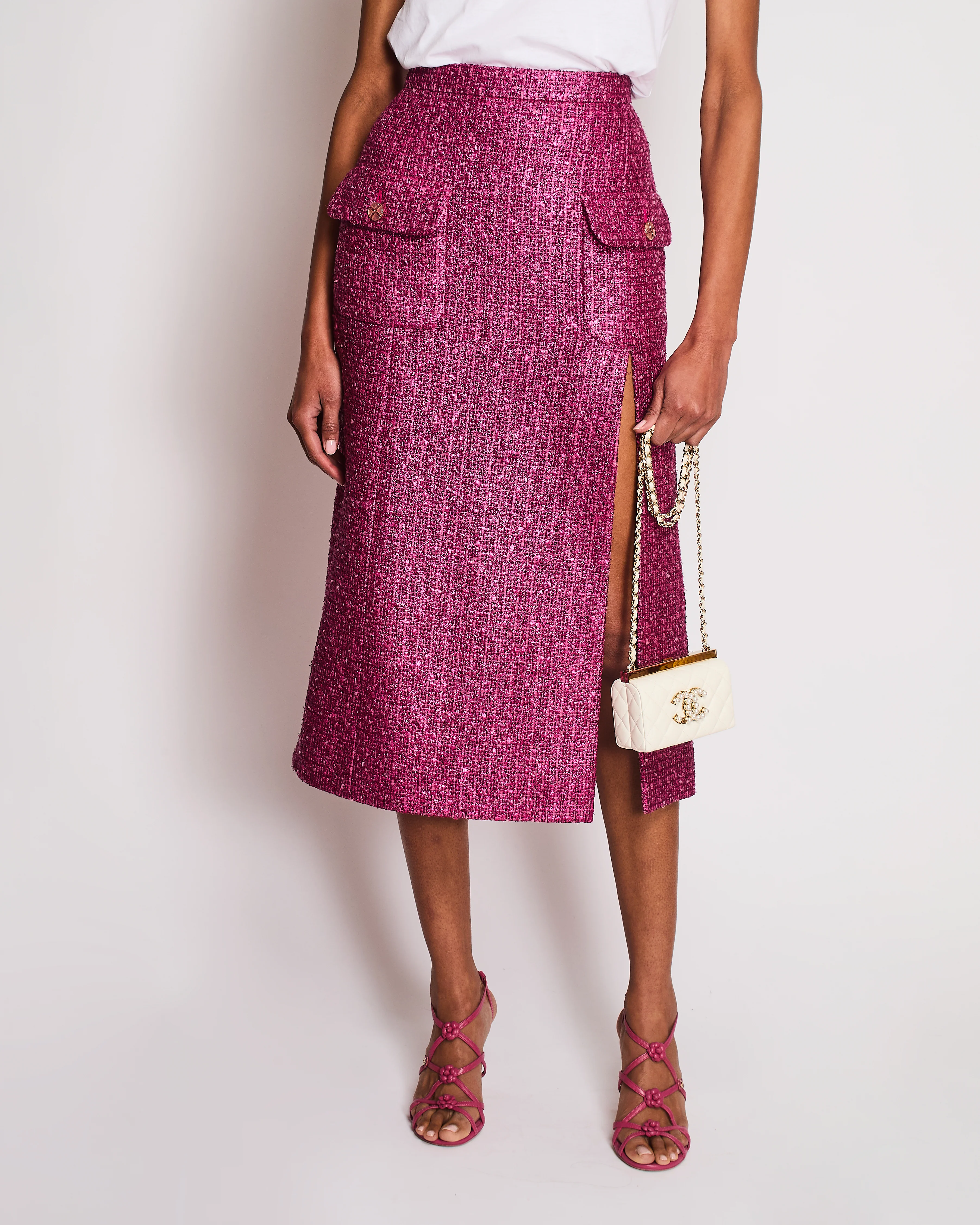 Chanel 23/S Pink Tweed Collarless Jacket and Matching Skirt with Split Detail Size FR 36 (UK 8) - Image 5