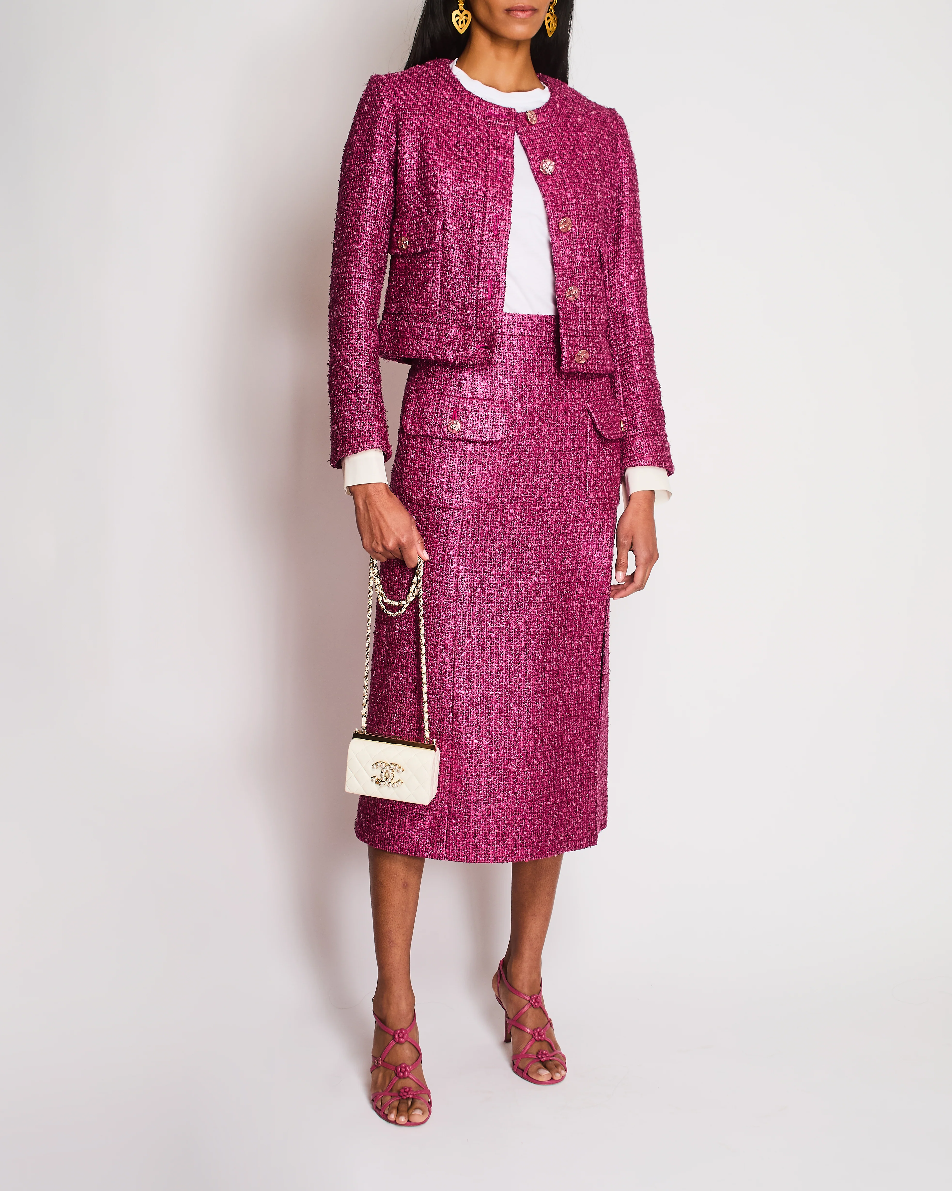 Chanel 23/S Pink Tweed Collarless Jacket and Matching Skirt with Split Detail Size FR 36 (UK 8) - Image 7