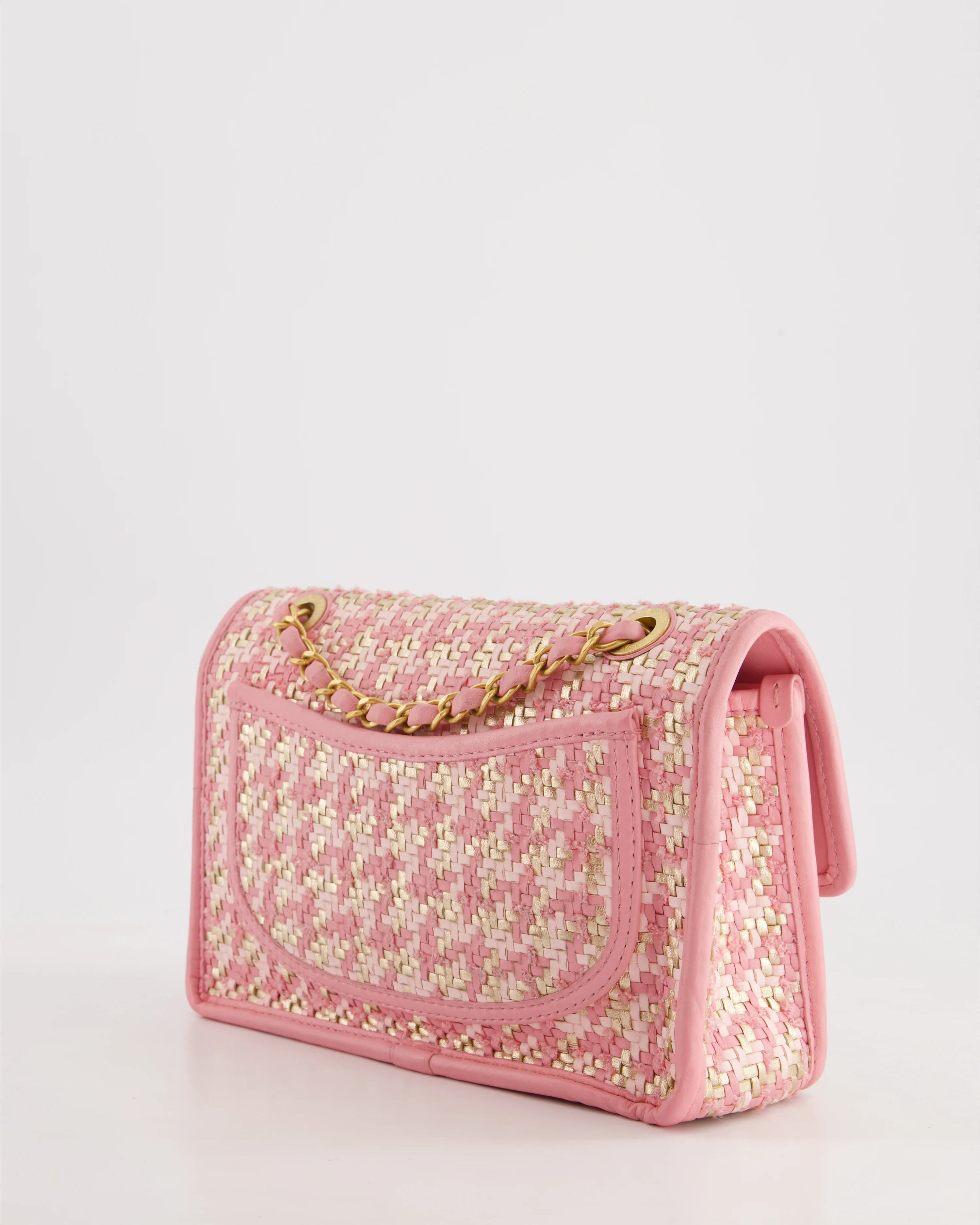 Chanel 23C Pink Woven Flap Bag with Leather Edge Detail and Brushed Gold Hardware - Image 6