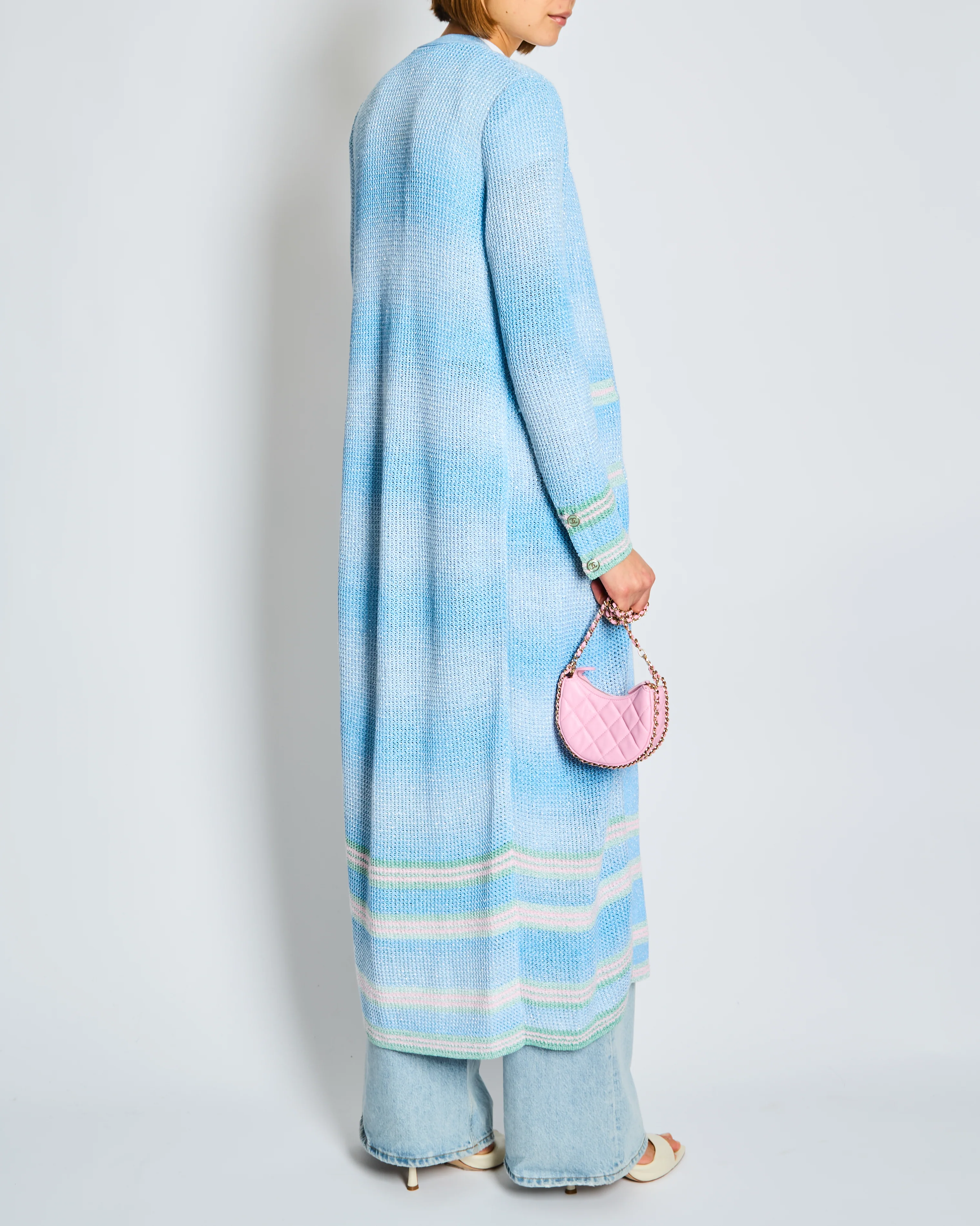 Chanel 23/S Blue Long-line Striped Knitted Cardigan with Green and Pink Trim and CC Button Detail Size - Image 2