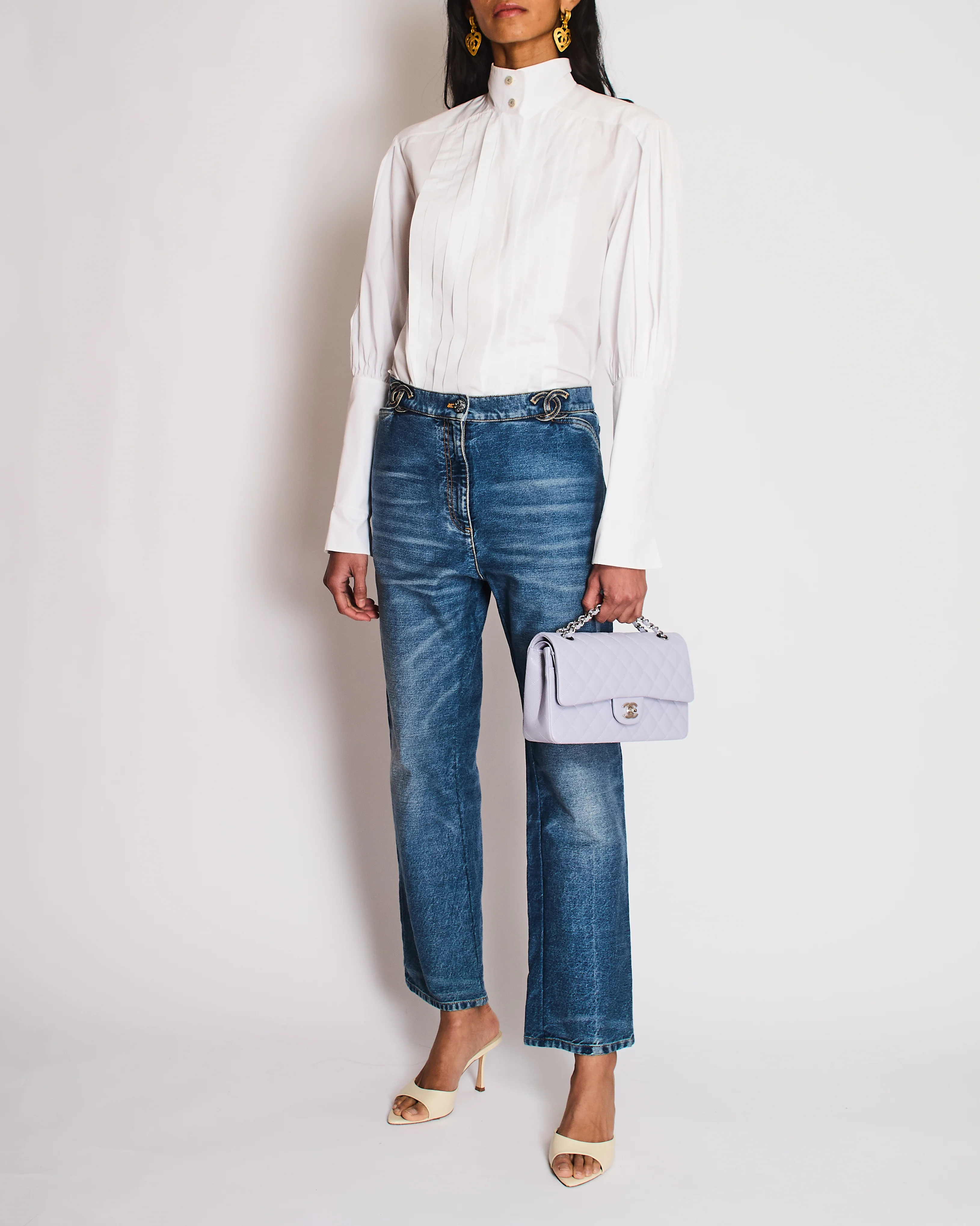 Chanel 24/S Blue Denim Straight Leg Jeans With CC Logo Along the Waistband and Camelia Button Detail Size 42 (UK 14)