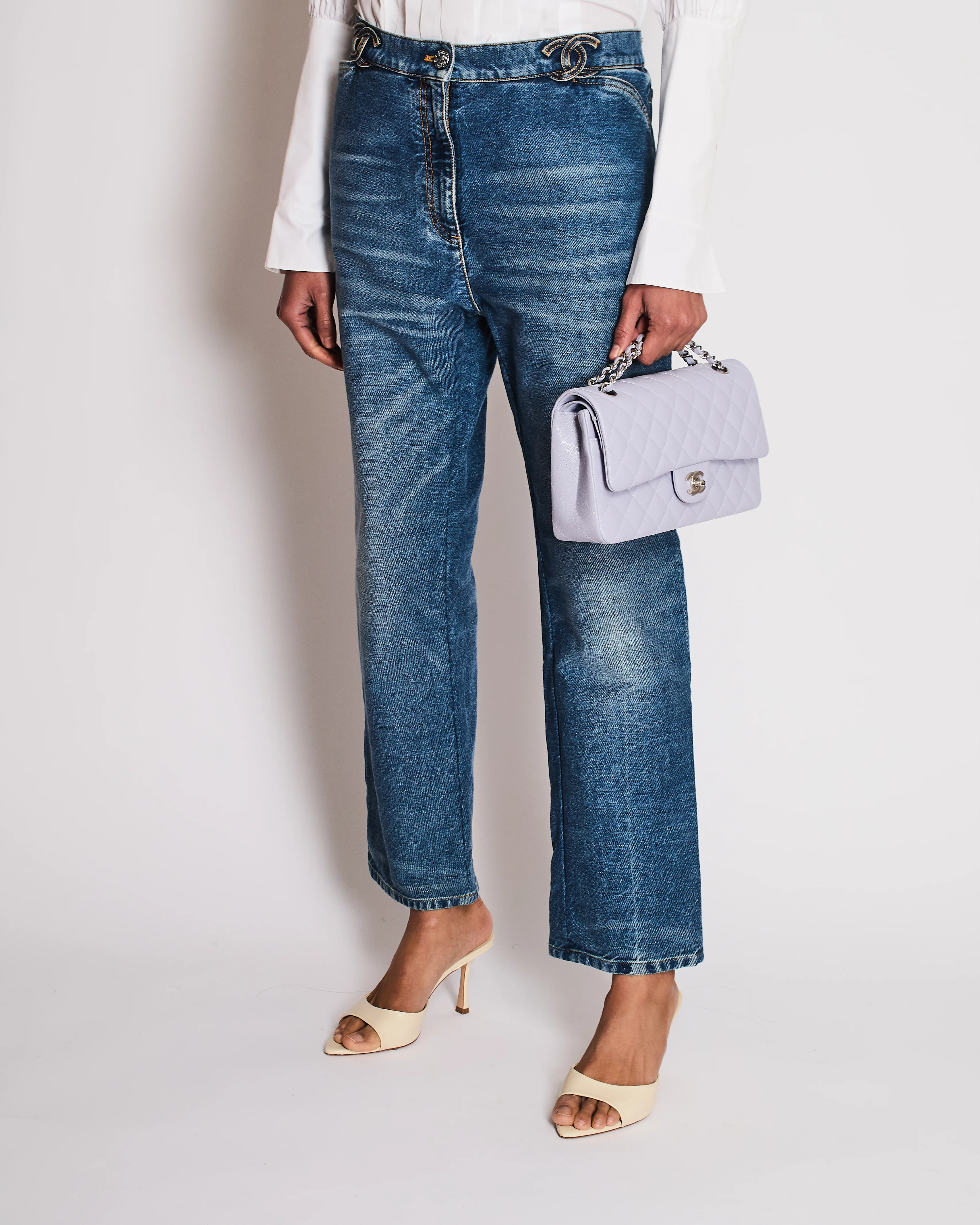 Chanel 24/S Blue Denim Straight Leg Jeans With CC Logo Along the Waistband and Camelia Button Detail Size 42 (UK 14) - Image 2