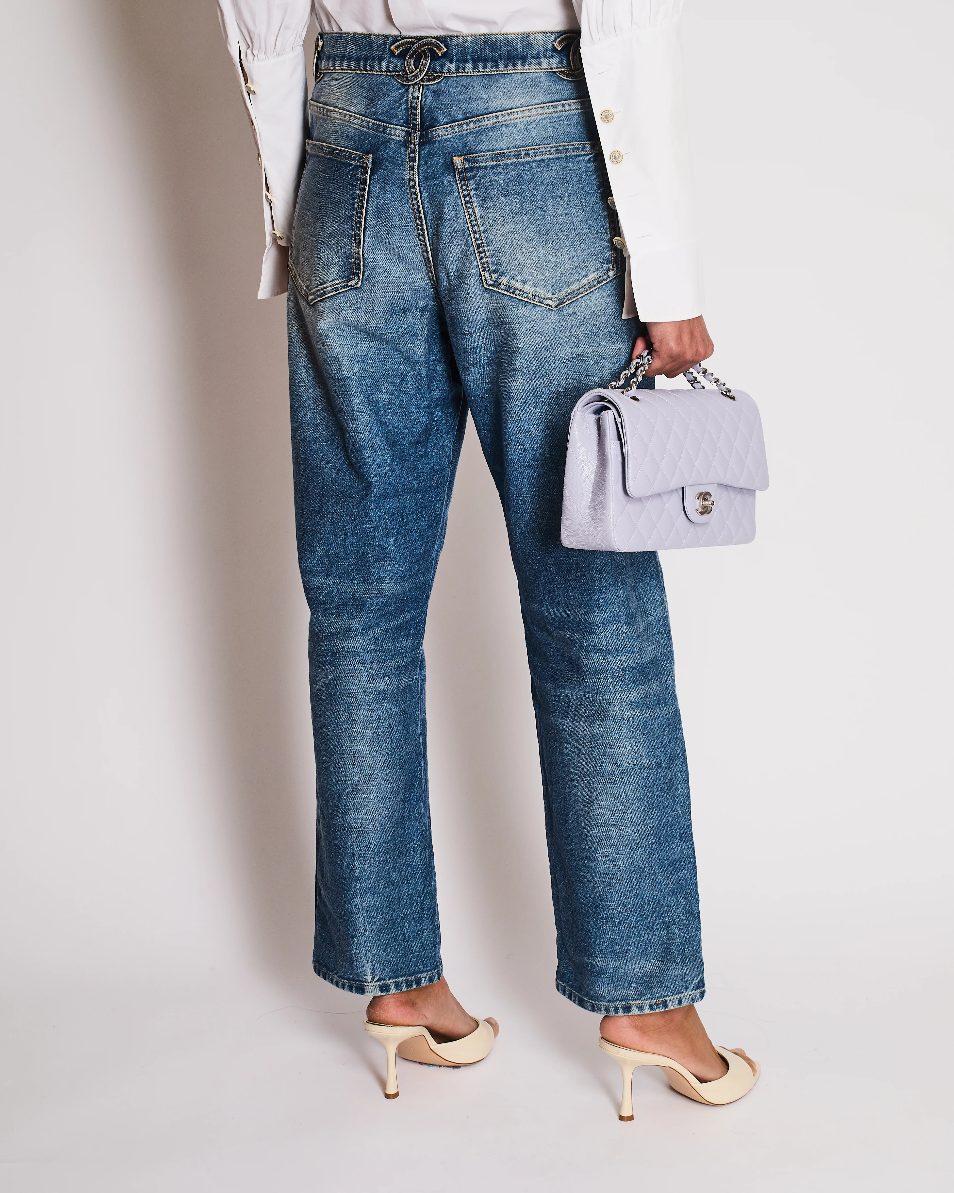 Chanel 24/S Blue Denim Straight Leg Jeans With CC Logo Along the Waistband and Camelia Button Detail Size 42 (UK 14) - Image 6