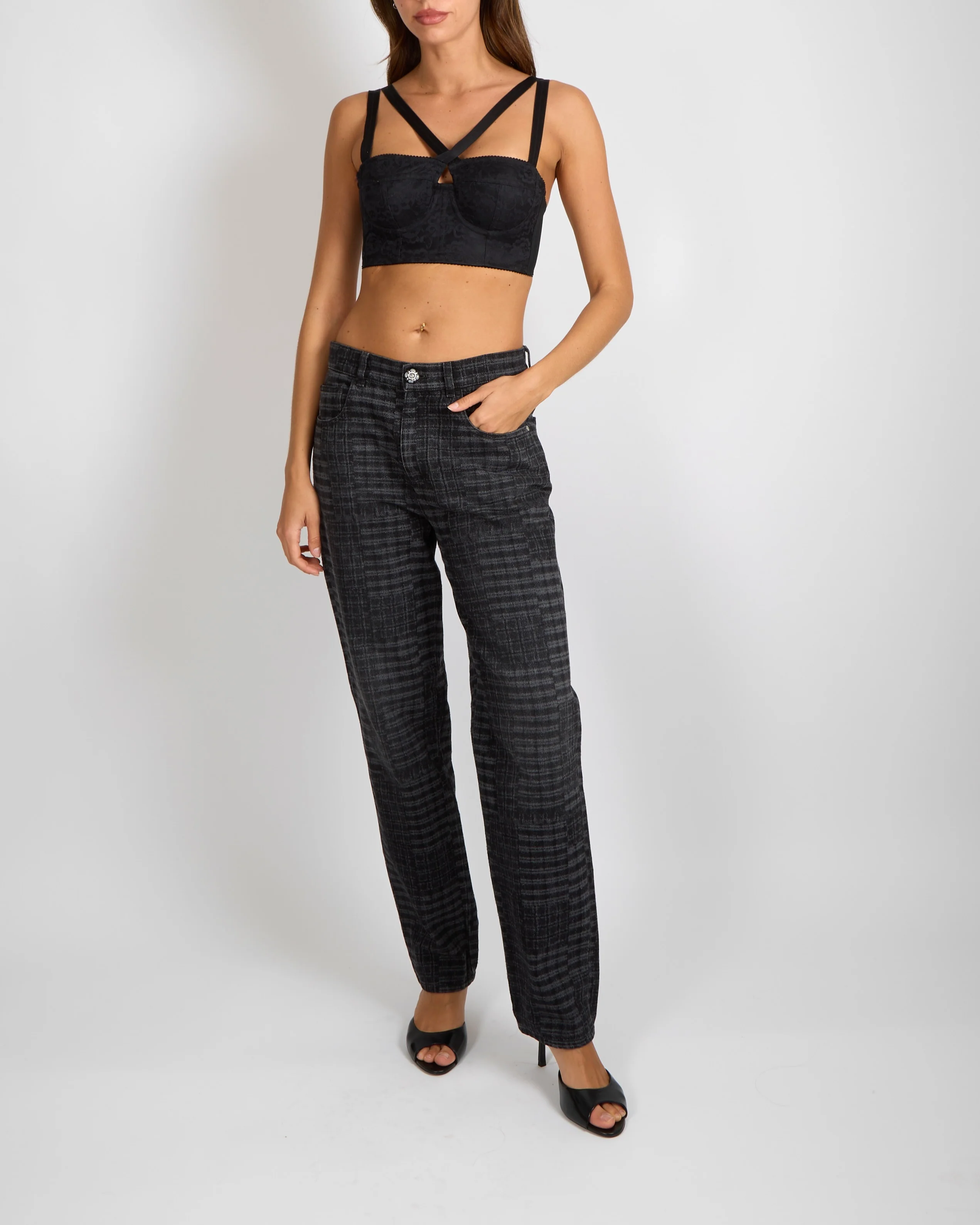 Chanel 24A Dark Grey Checkered Straight Leg Jeans with Grey Crystal Camellia Button and Silver CC Logo Details Size FR 38 (UK 10)