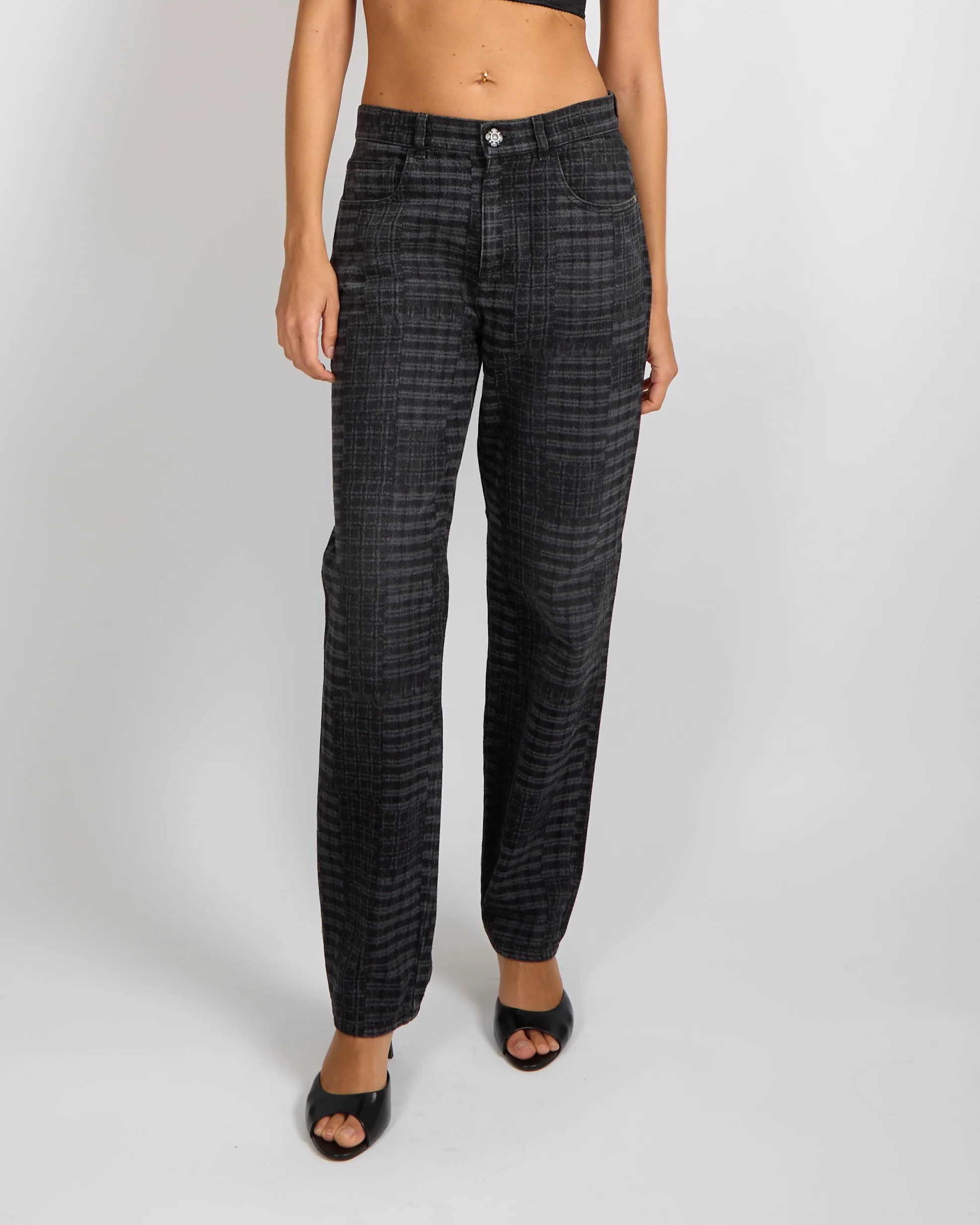 Chanel 24A Dark Grey Checkered Straight Leg Jeans with Grey Crystal Camellia Button and Silver CC Logo Details Size FR 38 (UK 10) - Image 2