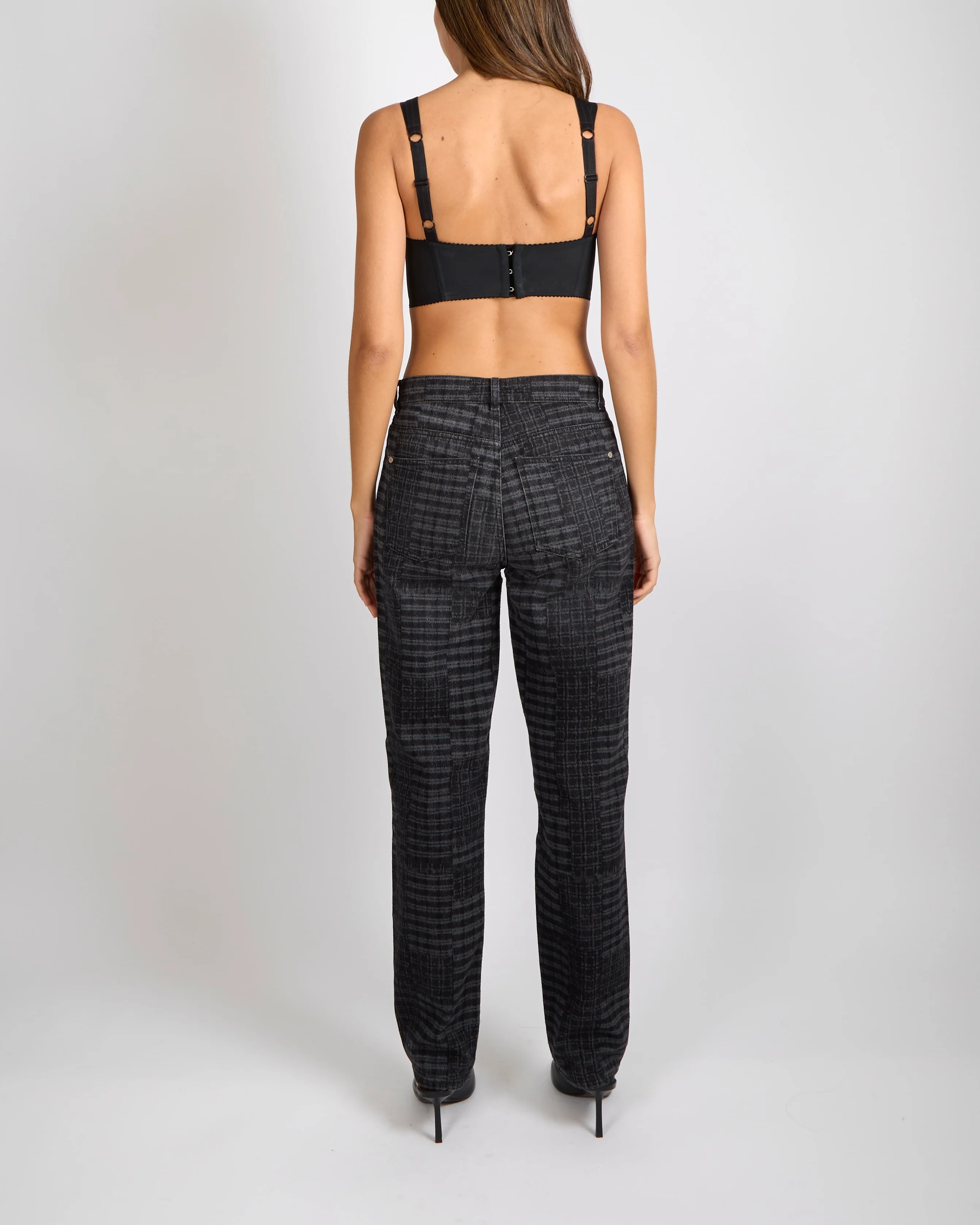 Chanel 24A Dark Grey Checkered Straight Leg Jeans with Grey Crystal Camellia Button and Silver CC Logo Details Size FR 38 (UK 10) - Image 5