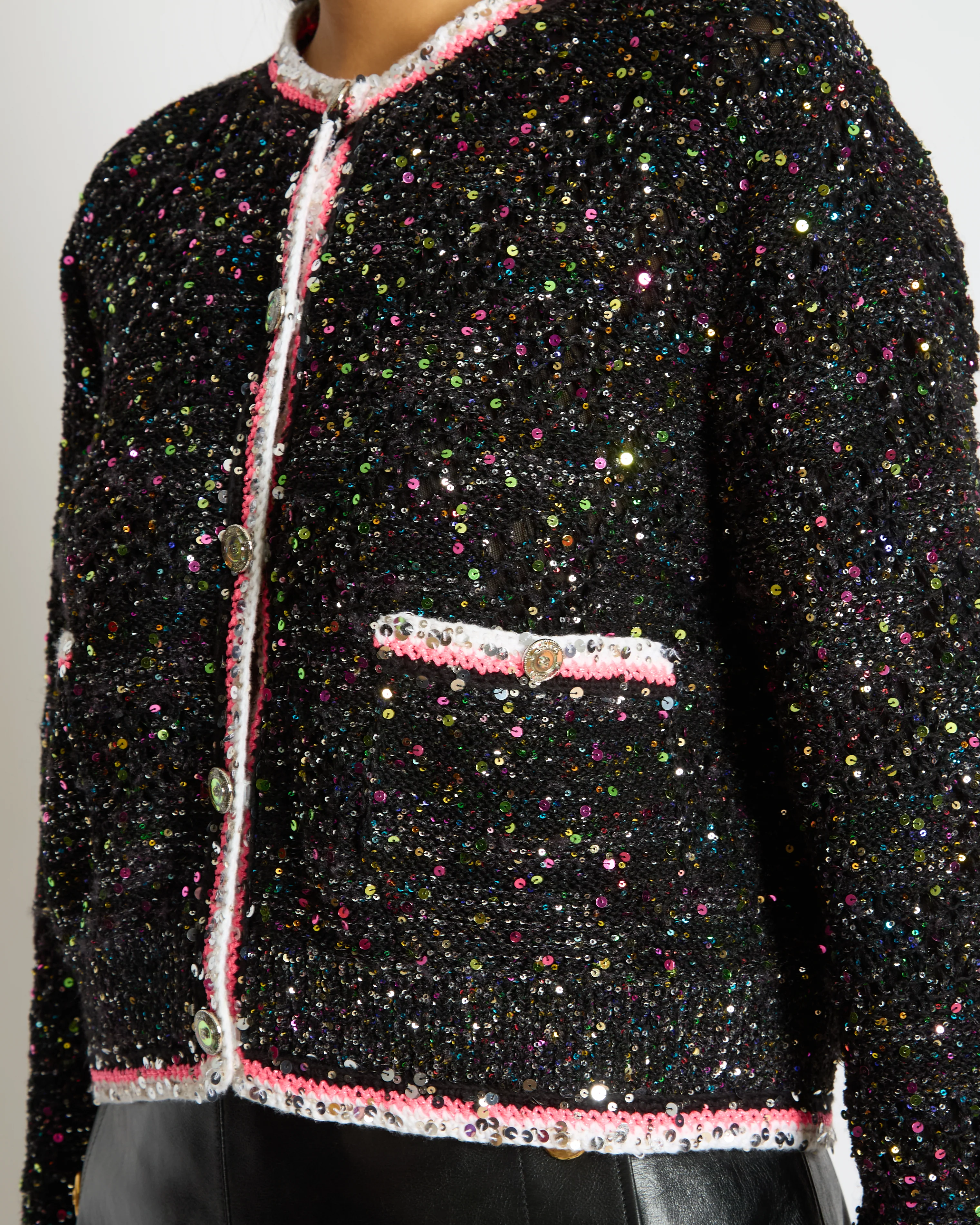 *SUPER HOT* Chanel 24C Black & Multicolour Sequin Cardigan with Pink & White Threads and CC Iridescent Logo Buttons Detail Size FR 36 (UK 8) RRP £5400 - Image 3