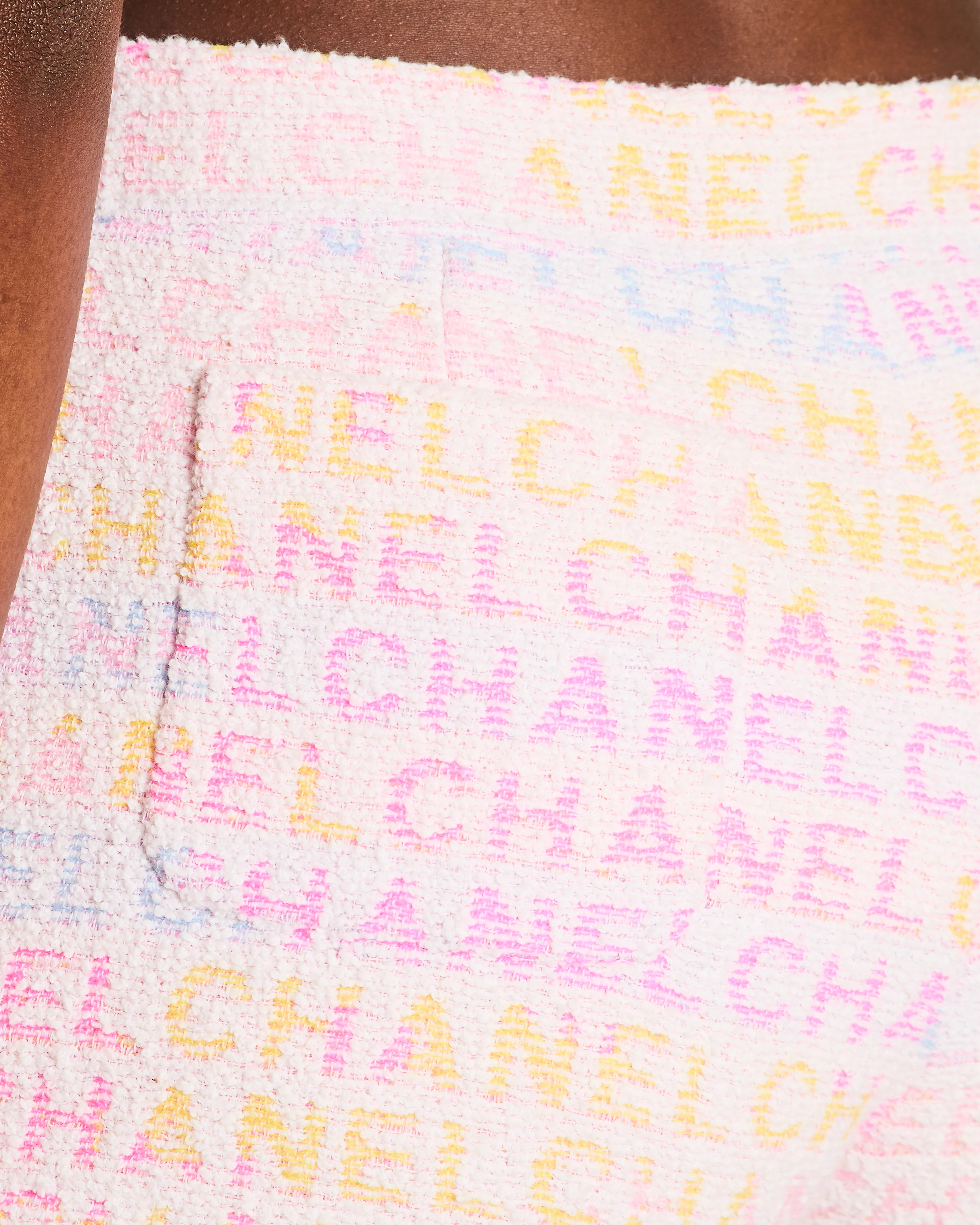 Chanel 24C White Mini Shorts with Multi-Colour Logo Prints and Crystal CC Logo Button Size FR 36 (UK 8) - Image 3