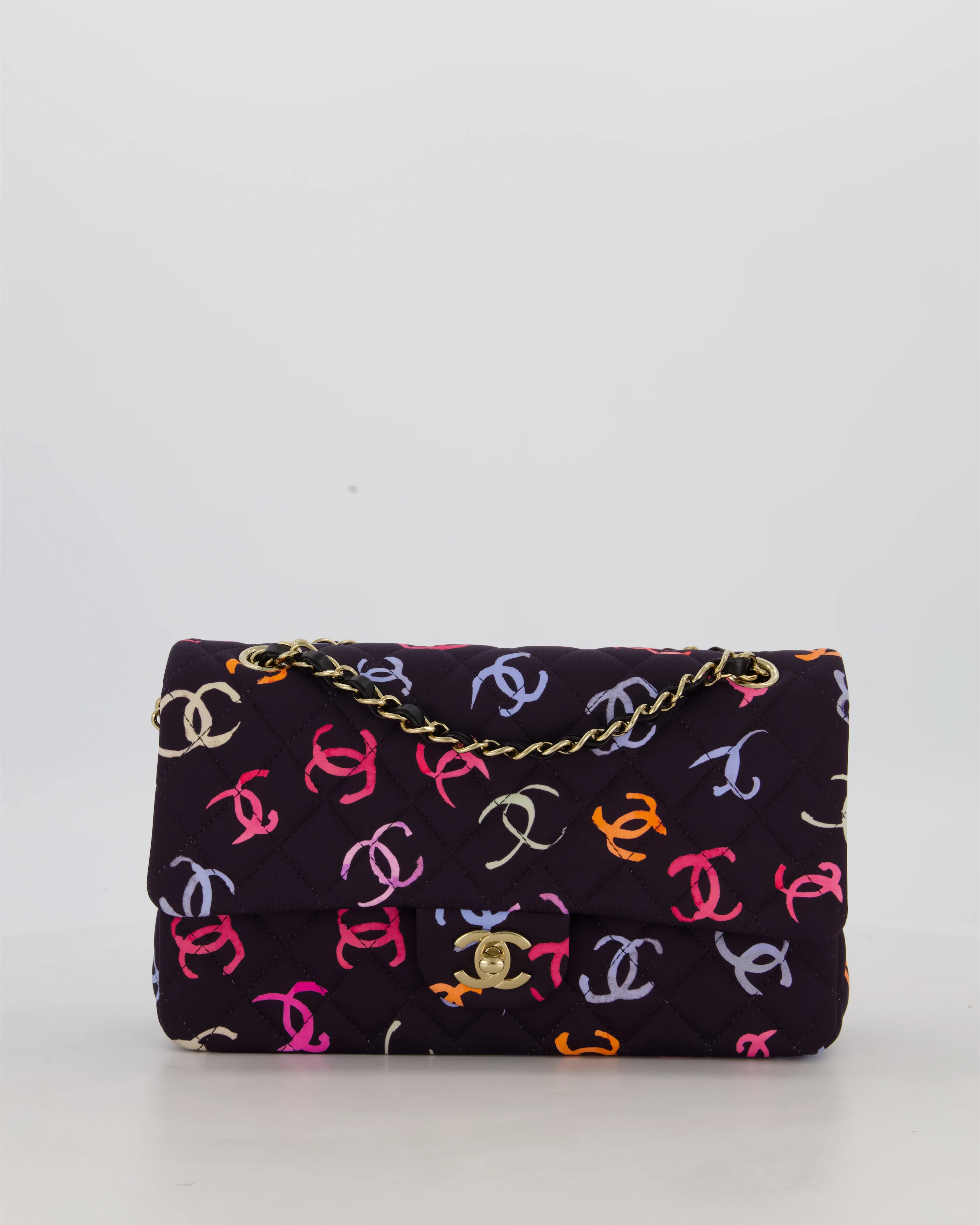 Chanel 24S Black Quilted Medium Classic Double Flap Bag in Jersey with Multicolour CC Details and Champagne Gold Hardware