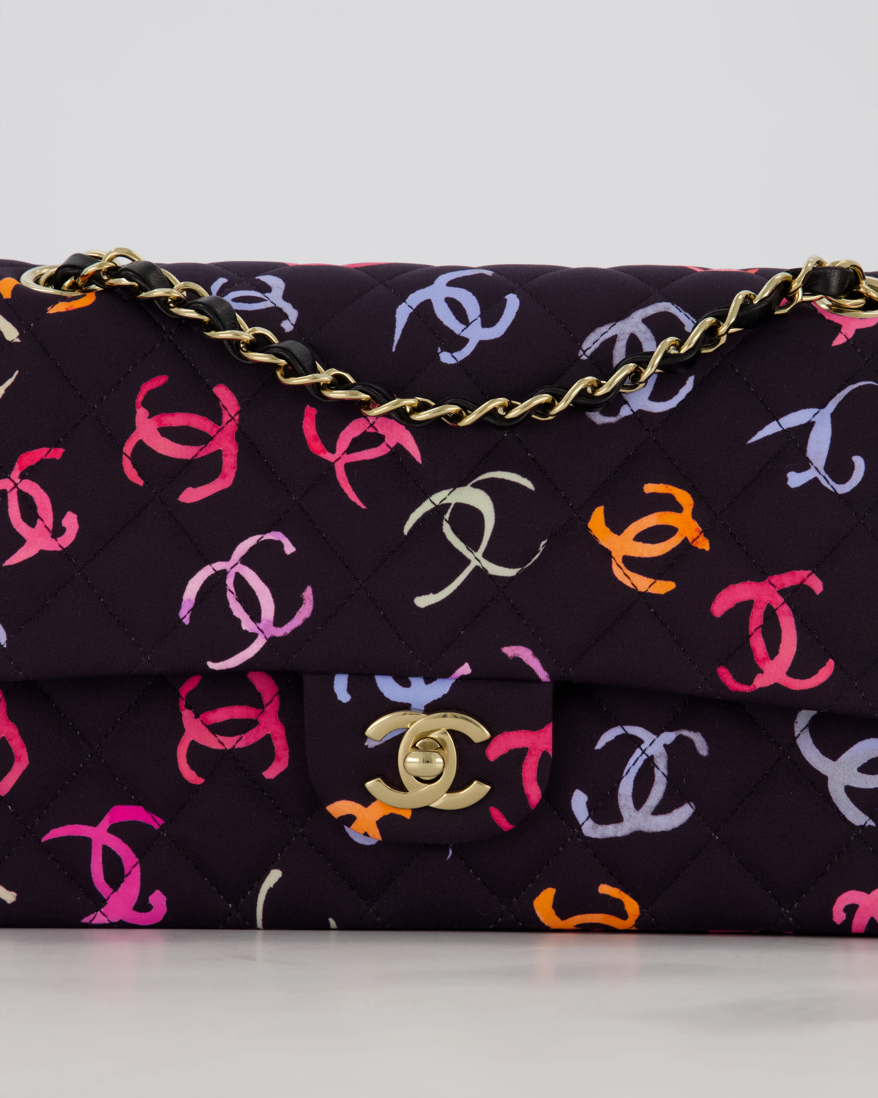 Chanel 24S Black Quilted Medium Classic Double Flap Bag in Jersey with Multicolour CC Details and Champagne Gold Hardware - Image 16