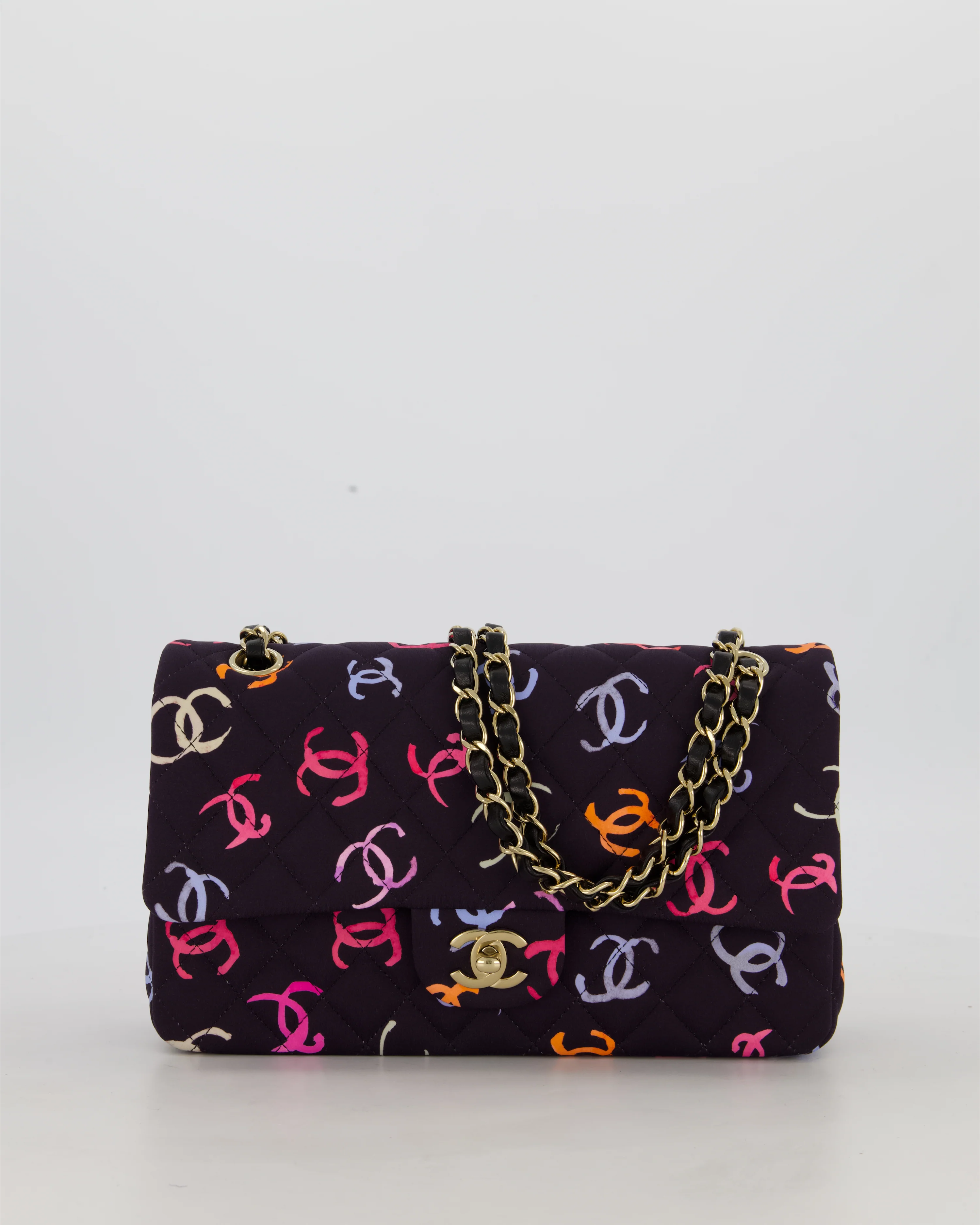 Chanel 24S Black Quilted Medium Classic Double Flap Bag in Jersey with Multicolour CC Details and Champagne Gold Hardware - Image 2