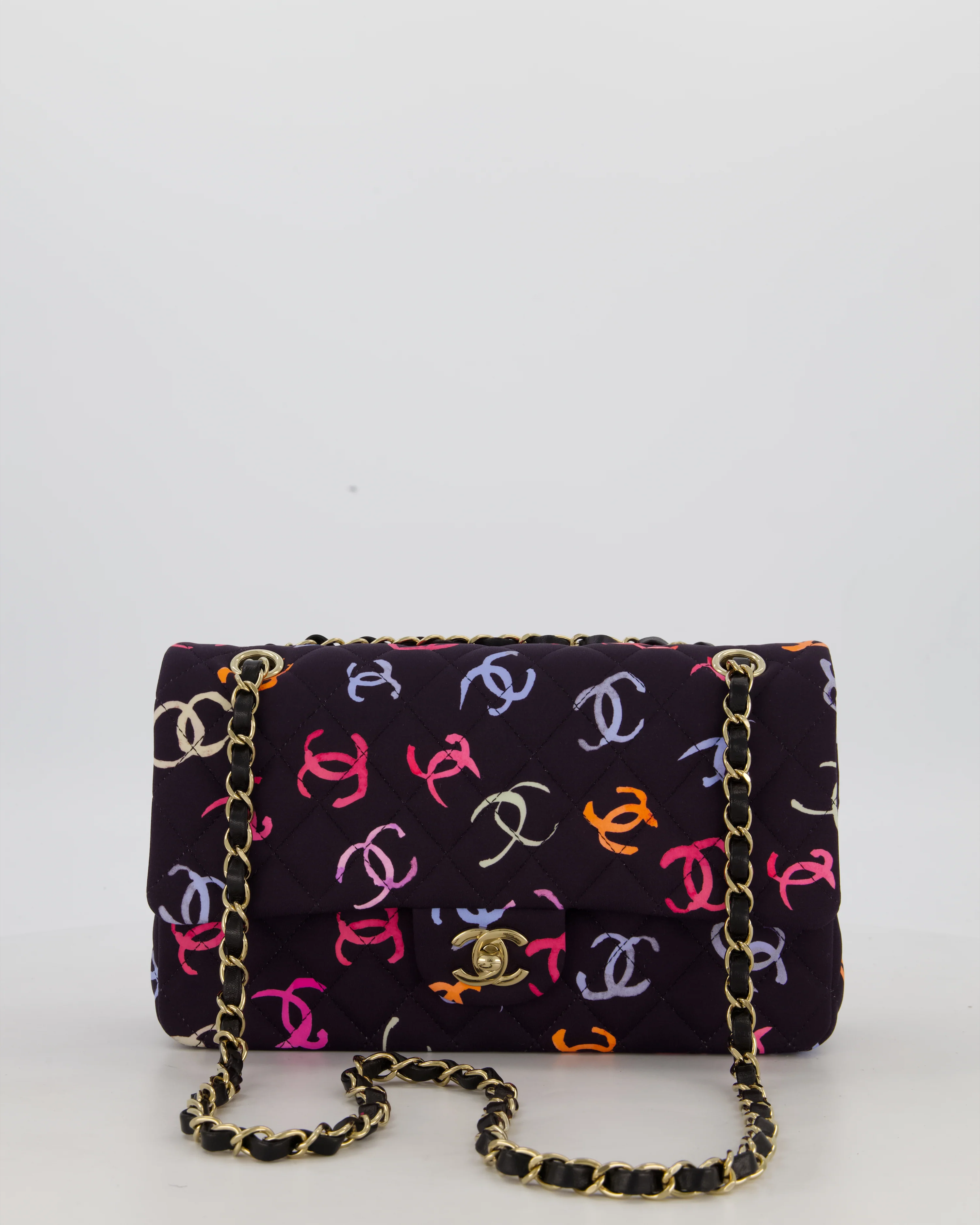 Chanel 24S Black Quilted Medium Classic Double Flap Bag in Jersey with Multicolour CC Details and Champagne Gold Hardware - Image 3