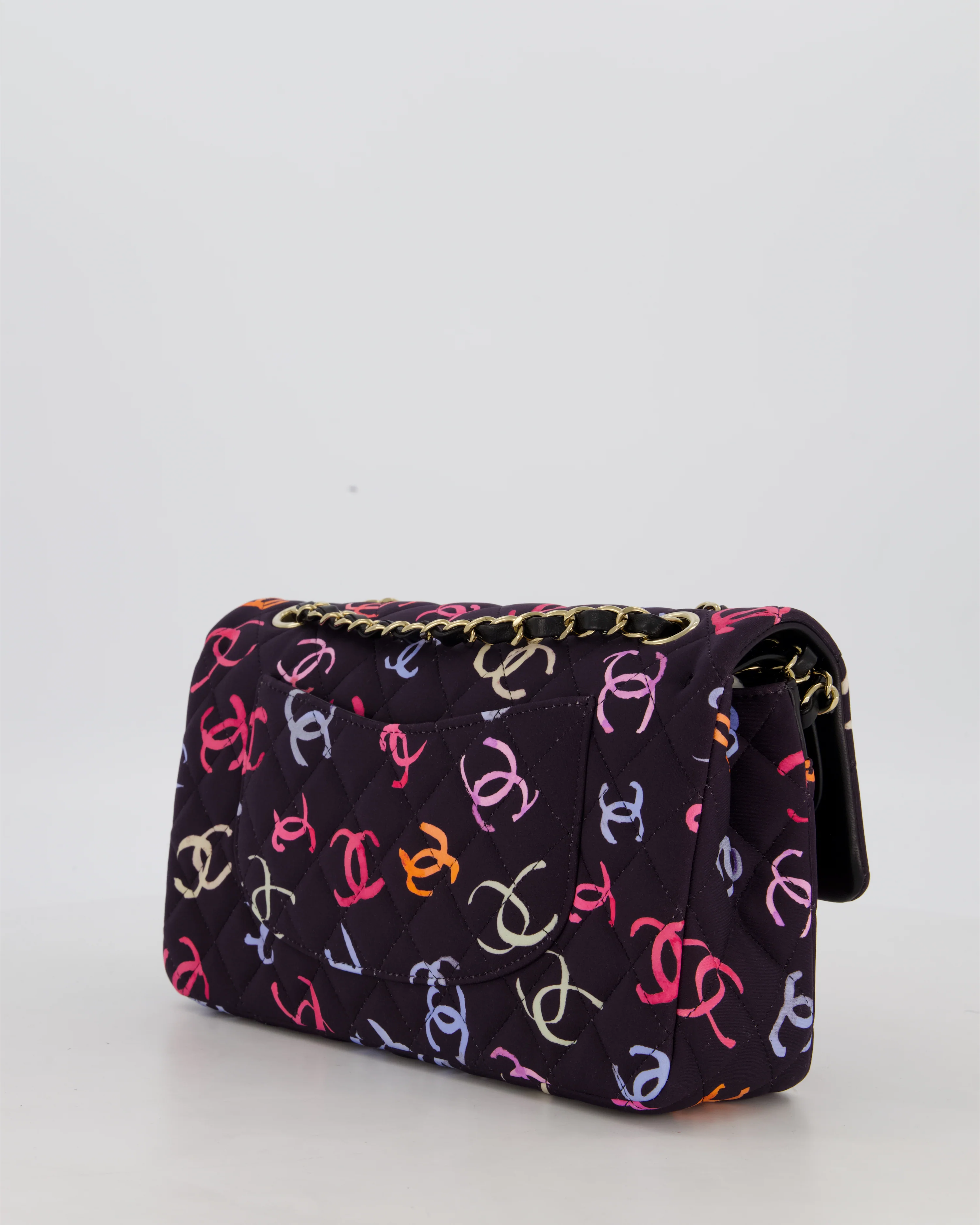 Chanel 24S Black Quilted Medium Classic Double Flap Bag in Jersey with Multicolour CC Details and Champagne Gold Hardware - Image 7