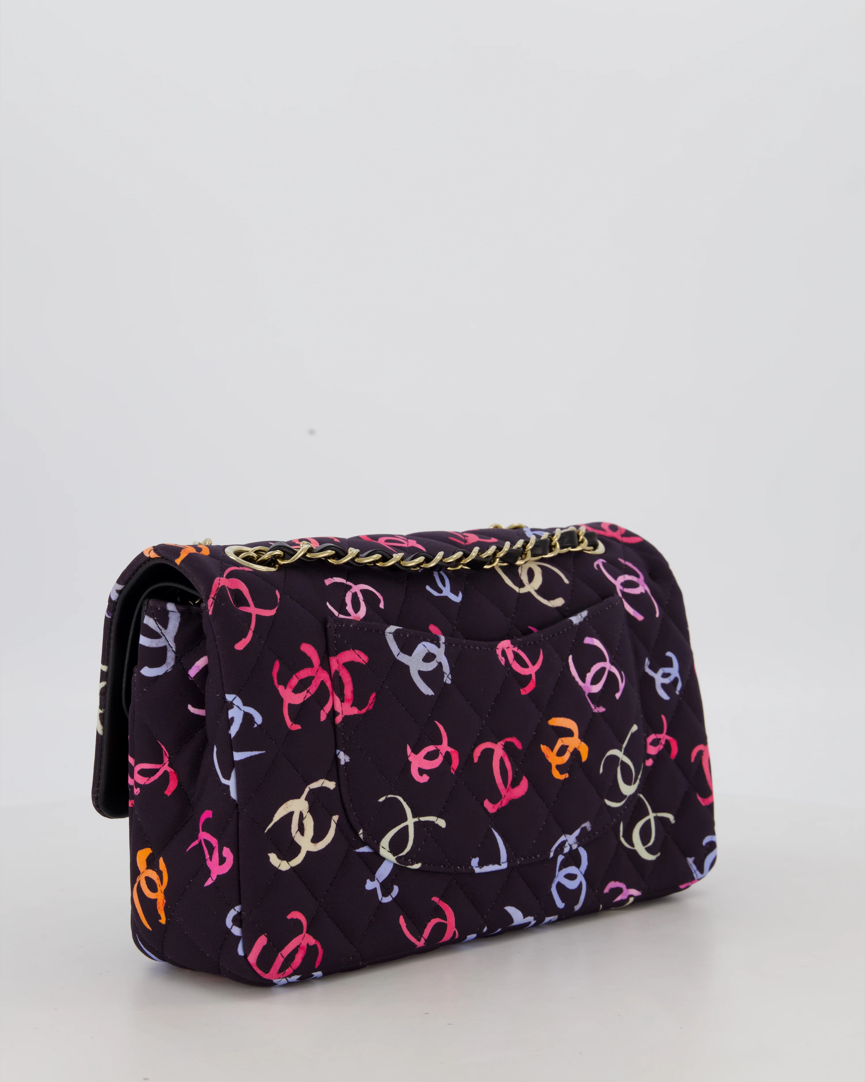 Chanel 24S Black Quilted Medium Classic Double Flap Bag in Jersey with Multicolour CC Details and Champagne Gold Hardware - Image 9