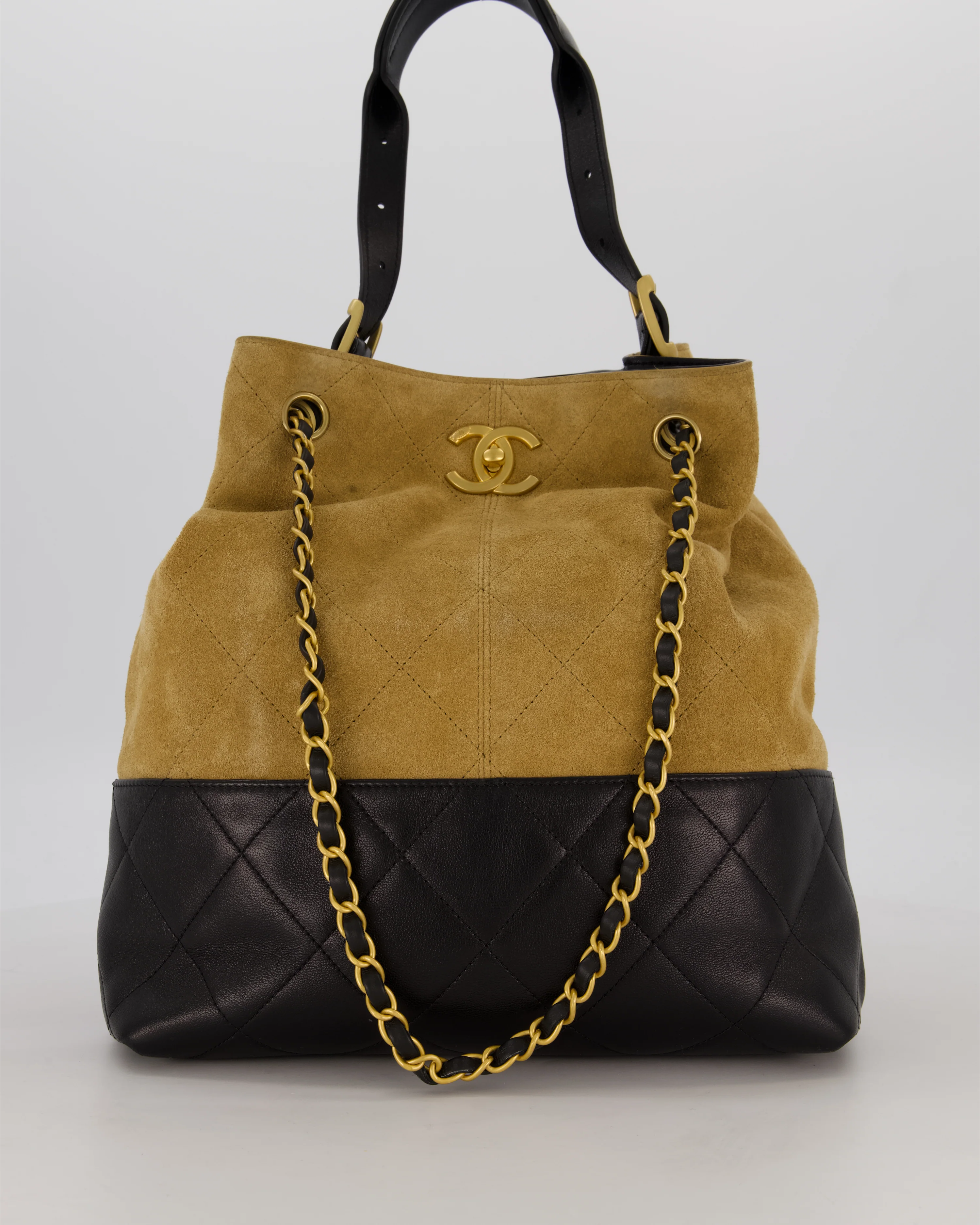 Chanel 25A Bucket Bag in Black Quilted Lambskin Leather & Brown Suede with Brushed Gold Hardware&nbsp;