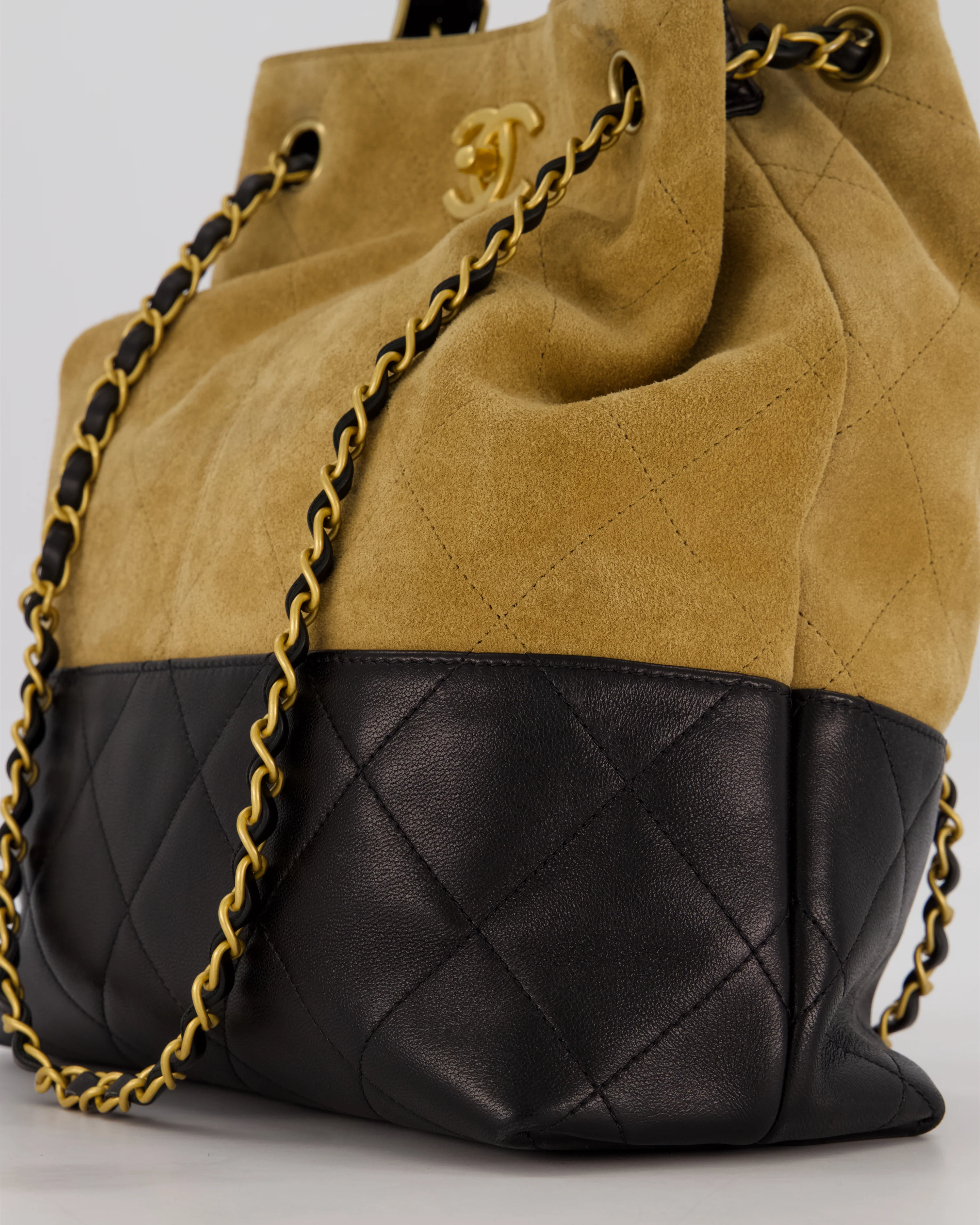 Chanel 25A Bucket Bag in Black Quilted Lambskin Leather & Brown Suede with Brushed Gold Hardware&nbsp; - Image 10