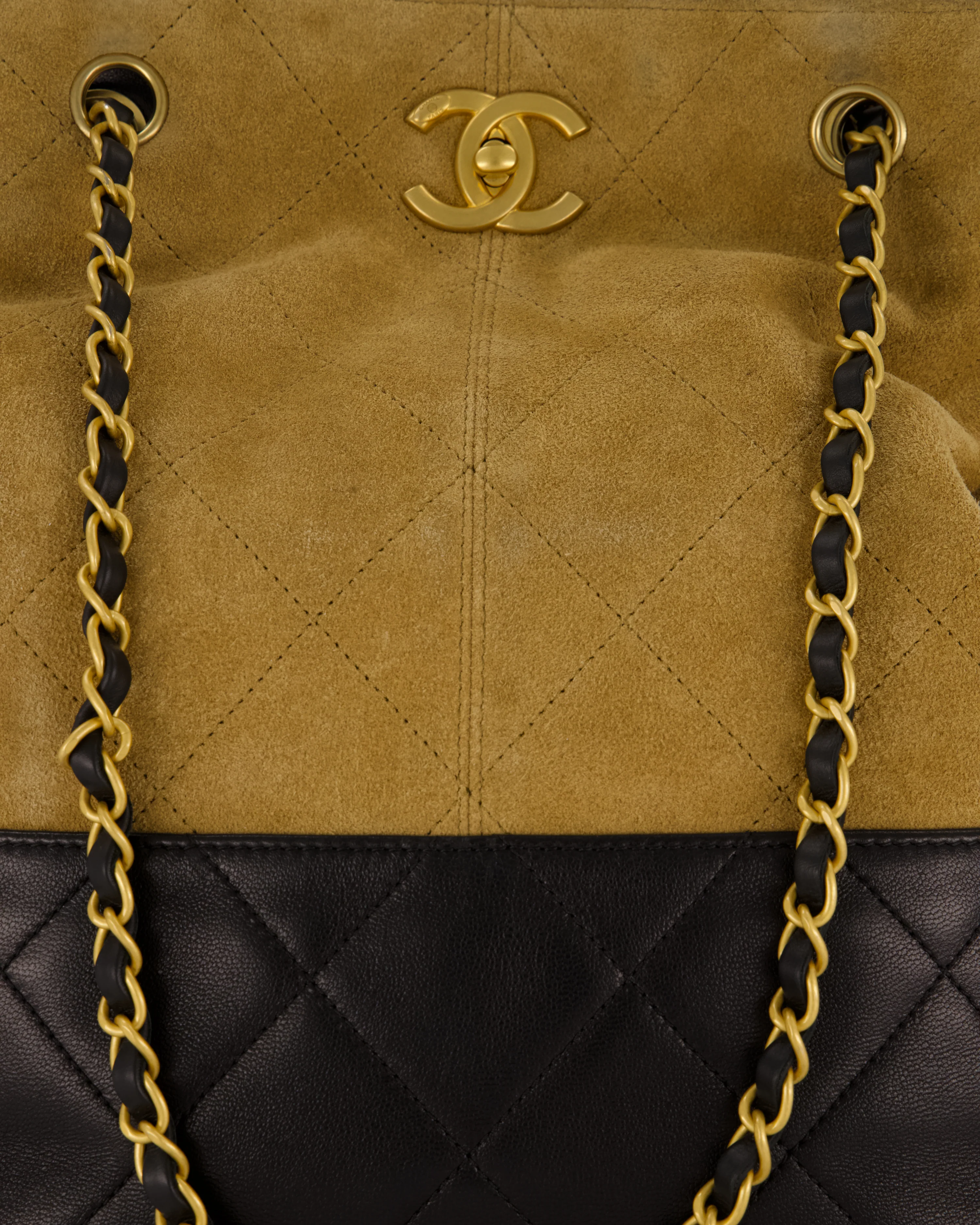 Chanel 25A Bucket Bag in Black Quilted Lambskin Leather & Brown Suede with Brushed Gold Hardware&nbsp; - Image 13