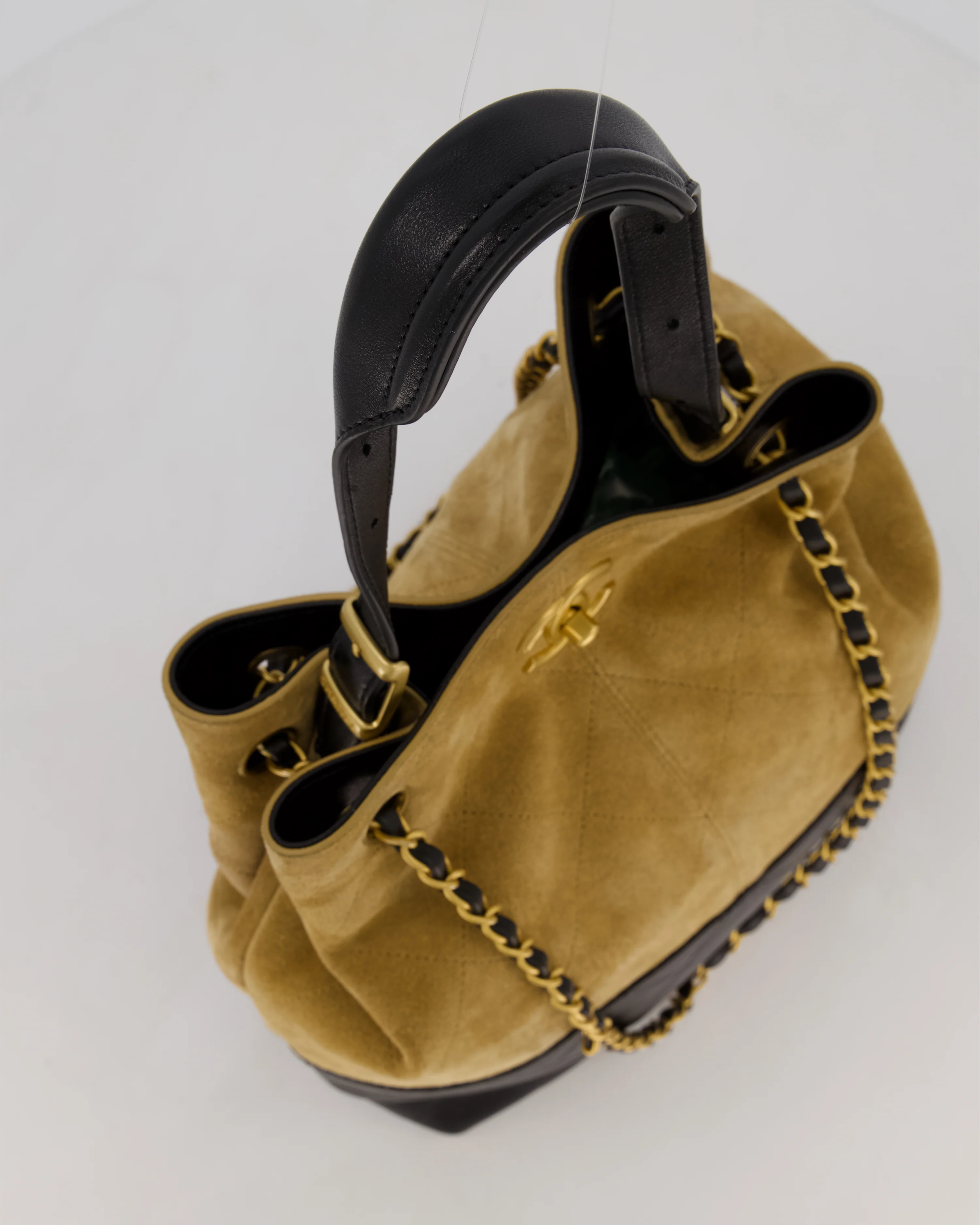 Chanel 25A Bucket Bag in Black Quilted Lambskin Leather & Brown Suede with Brushed Gold Hardware&nbsp; - Image 14