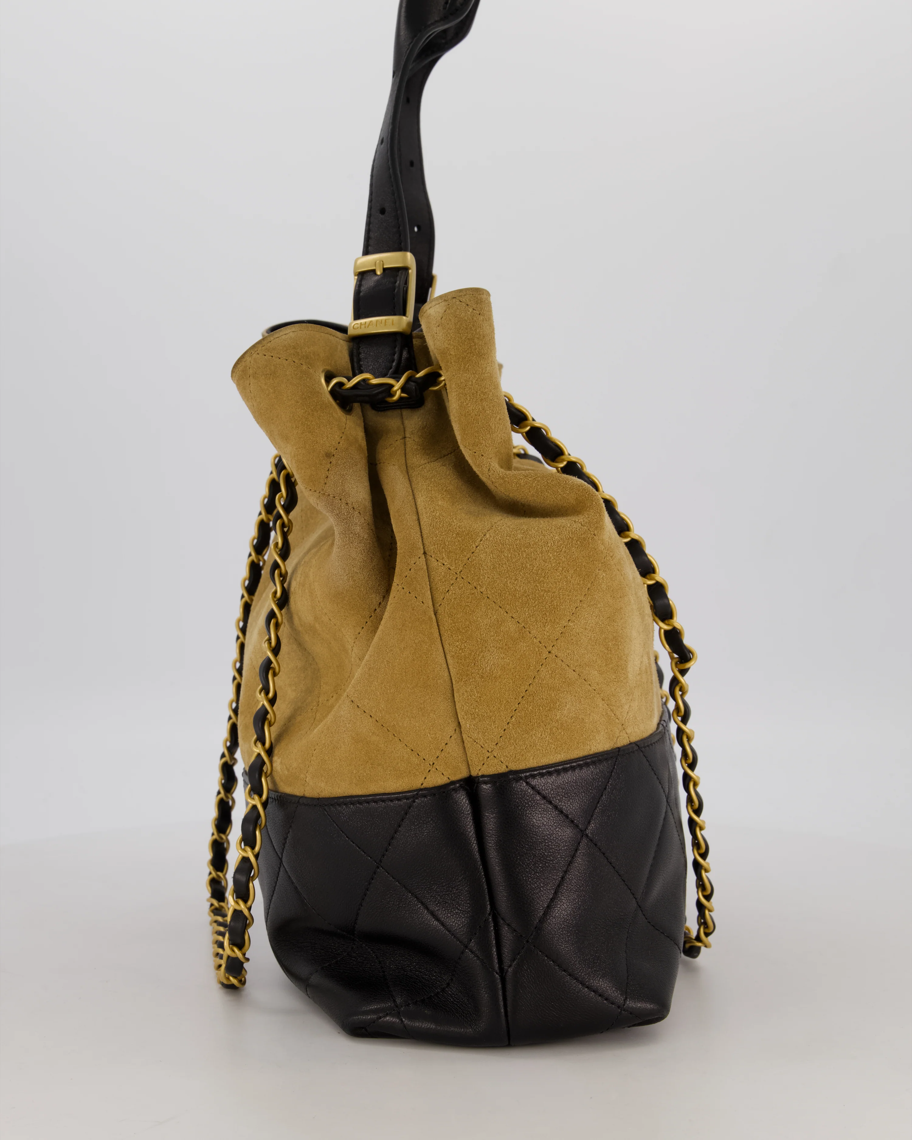 Chanel 25A Bucket Bag in Black Quilted Lambskin Leather & Brown Suede with Brushed Gold Hardware&nbsp; - Image 3