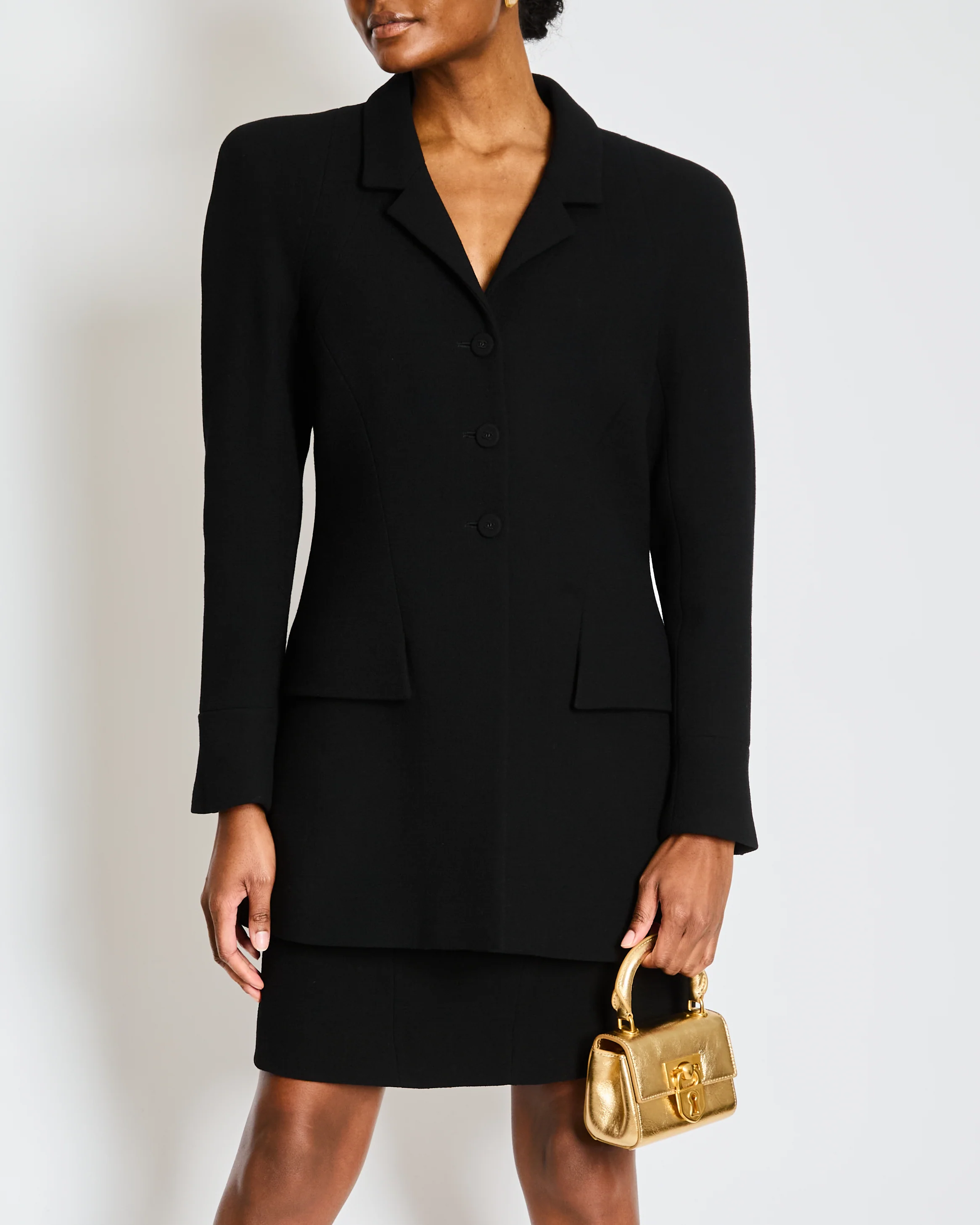 Chanel 97/A Black Tweed Tailored Long Line Jacket and Skirt Size Size FR 44/46 (UK 16/18) - Image 2