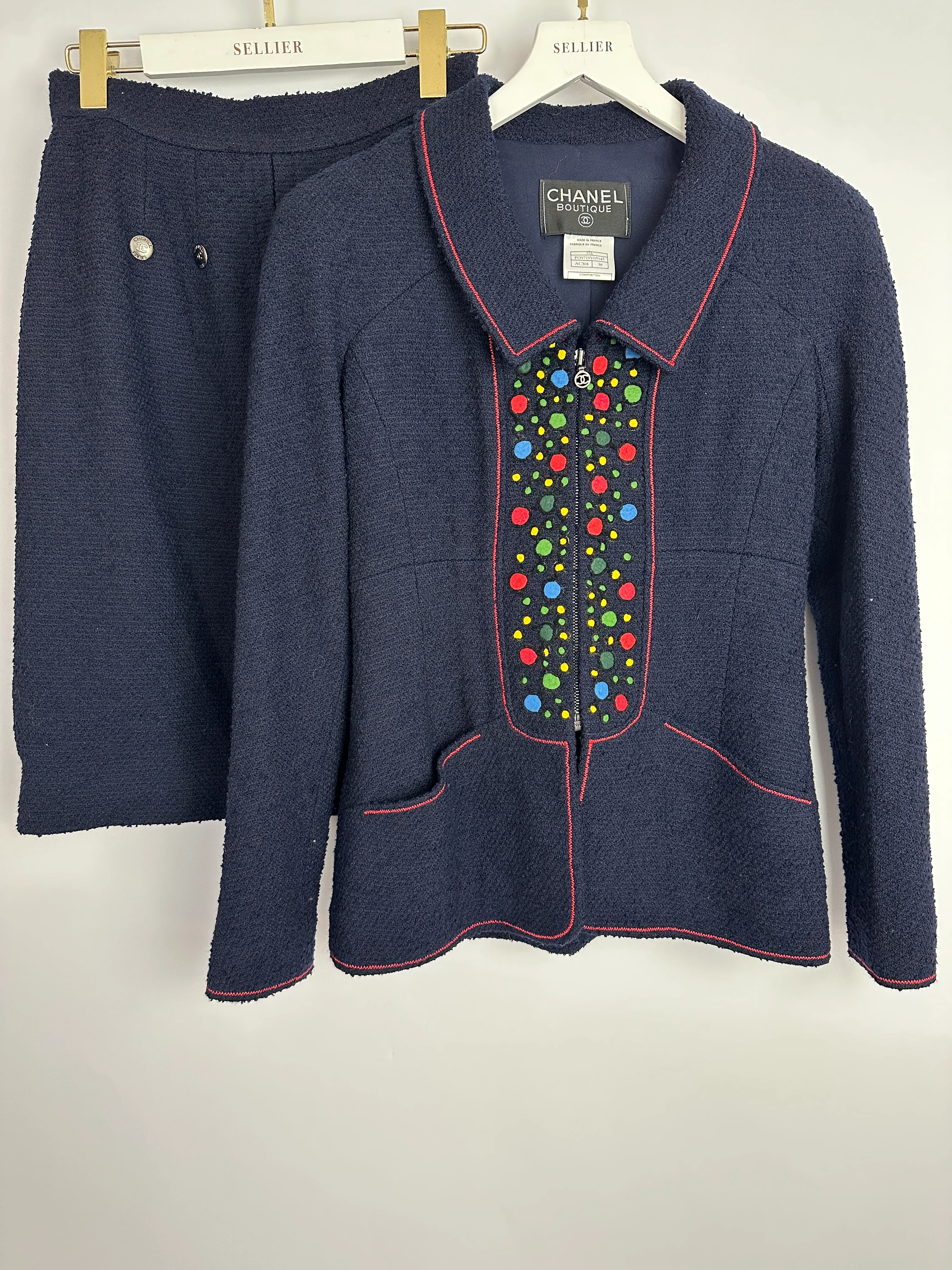 Chanel 97A Navy Wool Long Sleeve Jacket and Pencil Skirt Set with Red, Blue, Green and Yellow Neckline Applique Detail Size FR 38 (UK 10) - Image 13