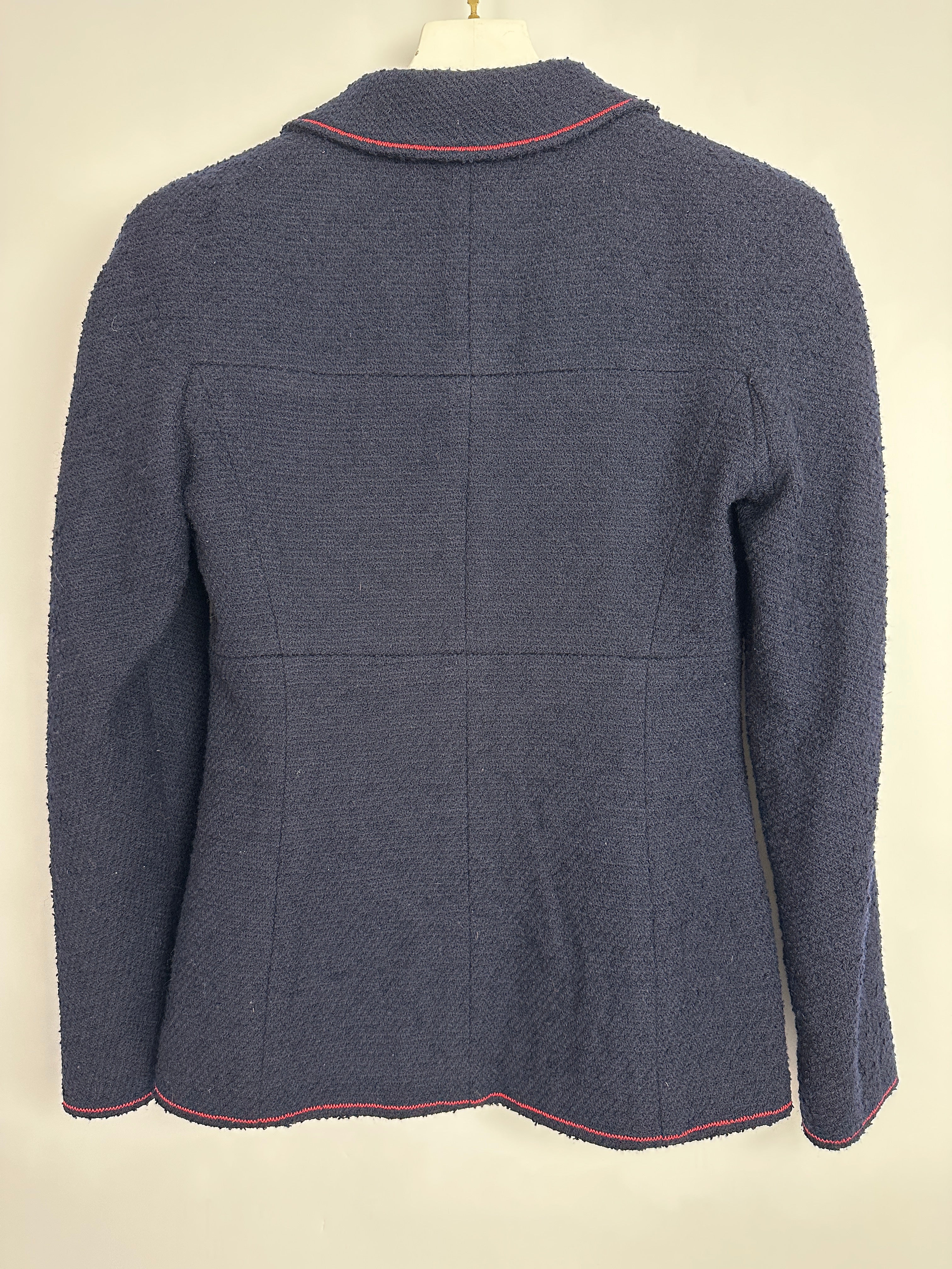 Chanel 97A Navy Wool Long Sleeve Jacket and Pencil Skirt Set with Red, Blue, Green and Yellow Neckline Applique Detail Size FR 38 (UK 10) - Image 16