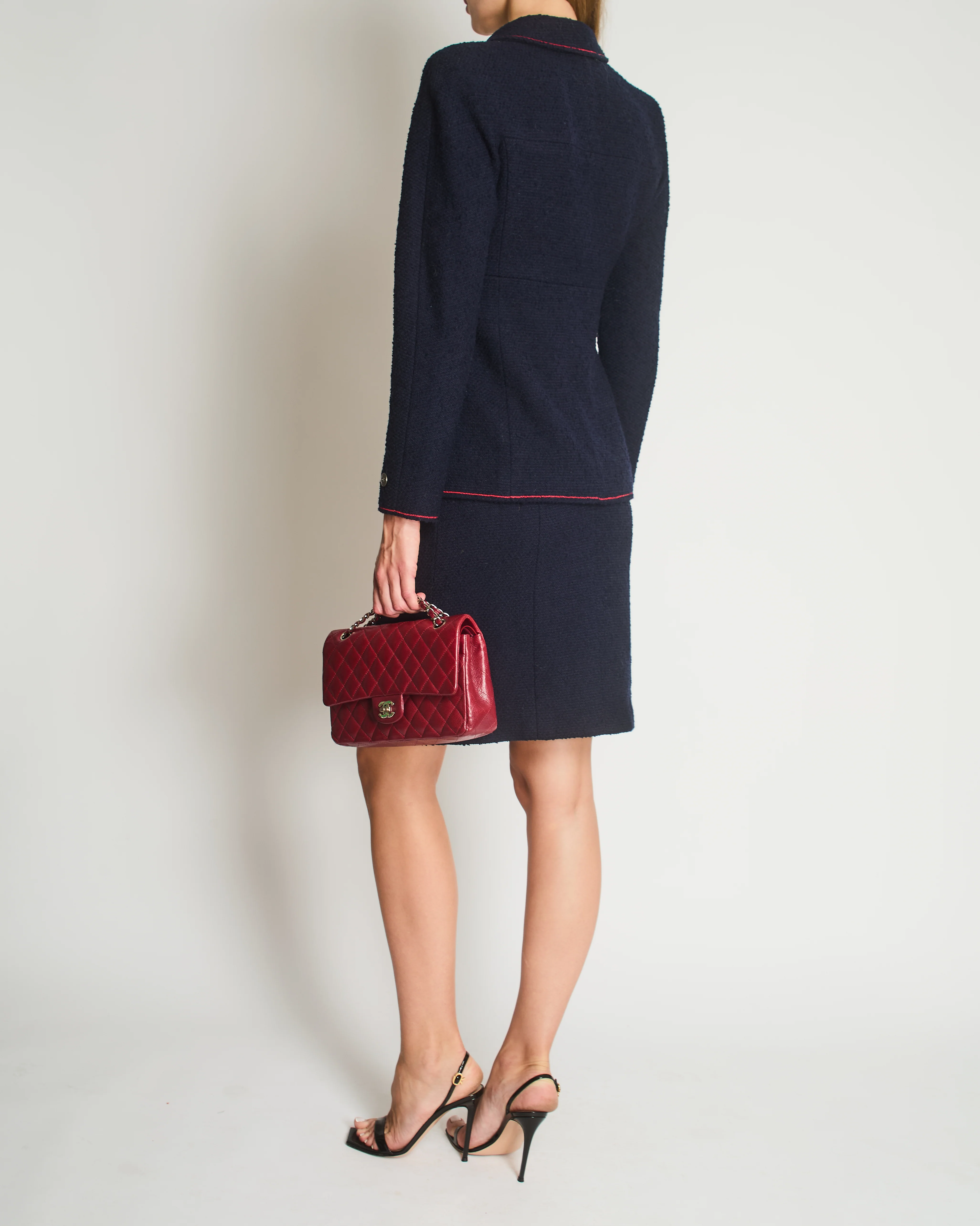 Chanel 97A Navy Wool Long Sleeve Jacket and Pencil Skirt Set with Red, Blue, Green and Yellow Neckline Applique Detail Size FR 38 (UK 10) - Image 2