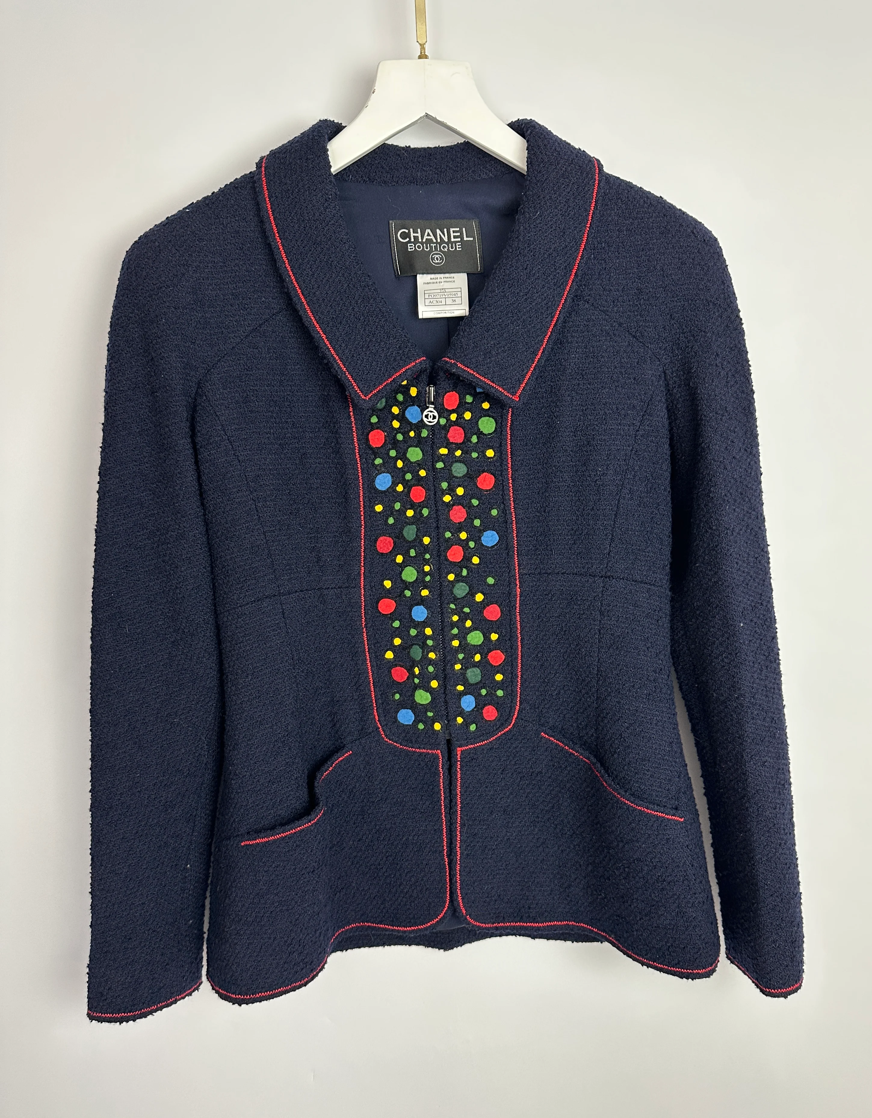 Chanel 97A Navy Wool Long Sleeve Jacket and Pencil Skirt Set with Red, Blue, Green and Yellow Neckline Applique Detail Size FR 38 (UK 10) - Image 21