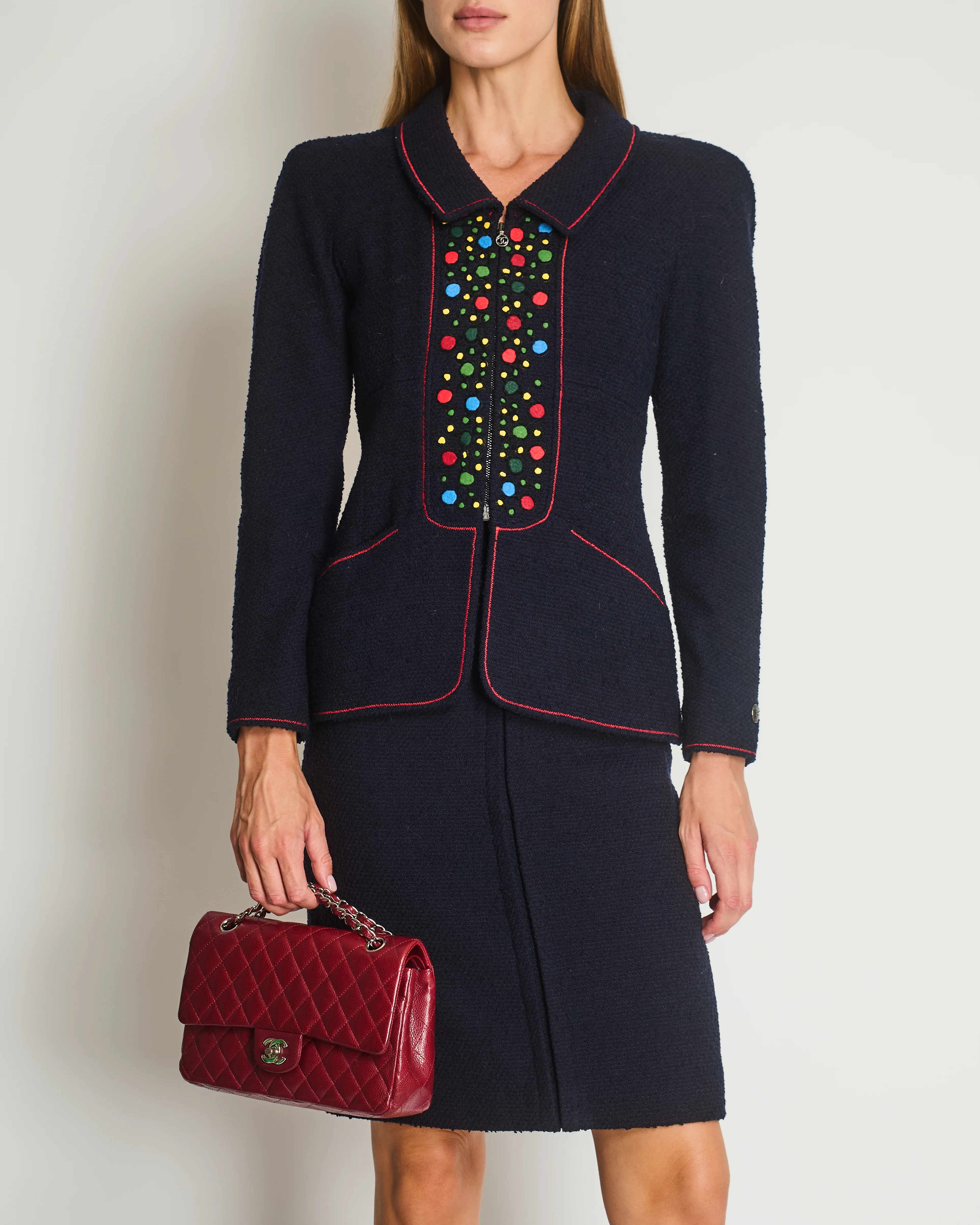 Chanel 97A Navy Wool Long Sleeve Jacket and Pencil Skirt Set with Red, Blue, Green and Yellow Neckline Applique Detail Size FR 38 (UK 10) - Image 3